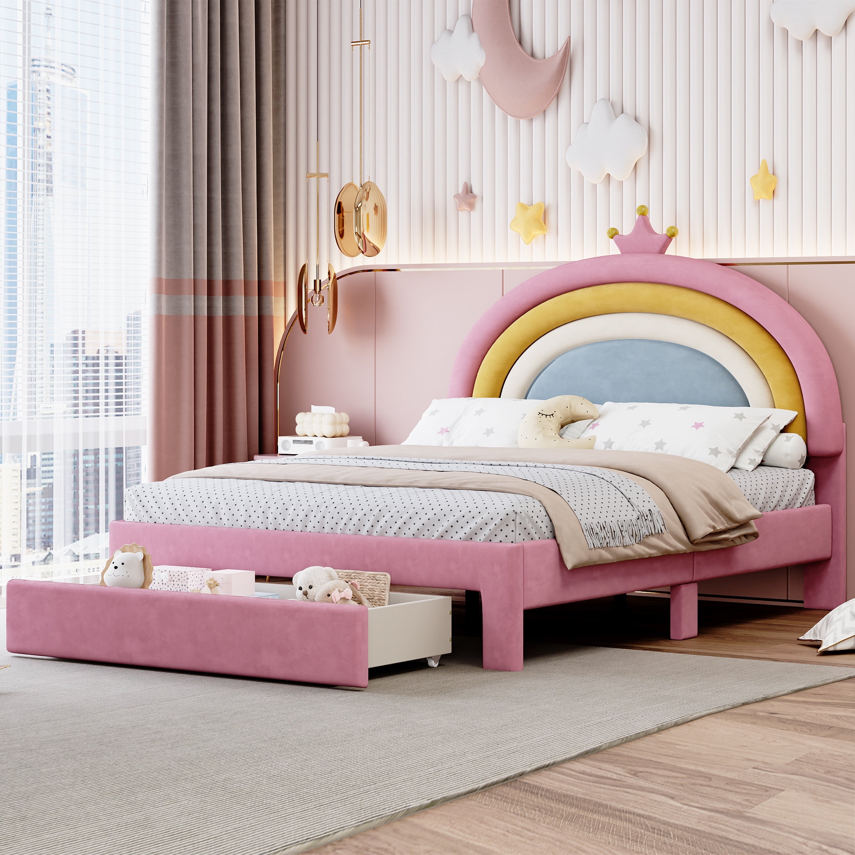 Upholstered Rainbow Design Bed Velvet Princess Platform Bed With Storage Drawer No Box Spring Needed