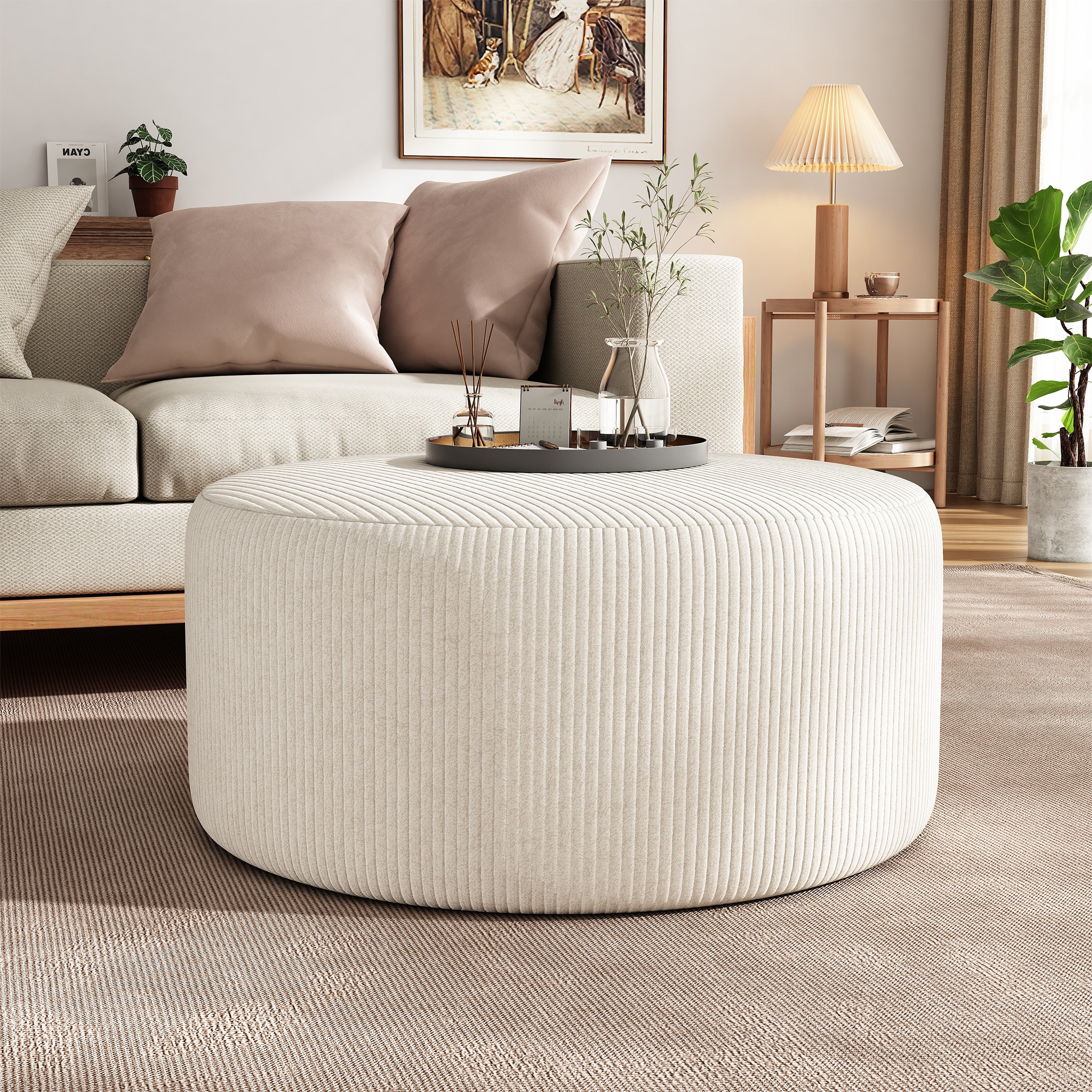 Upholstered Round Ottoman Beige Corduroy