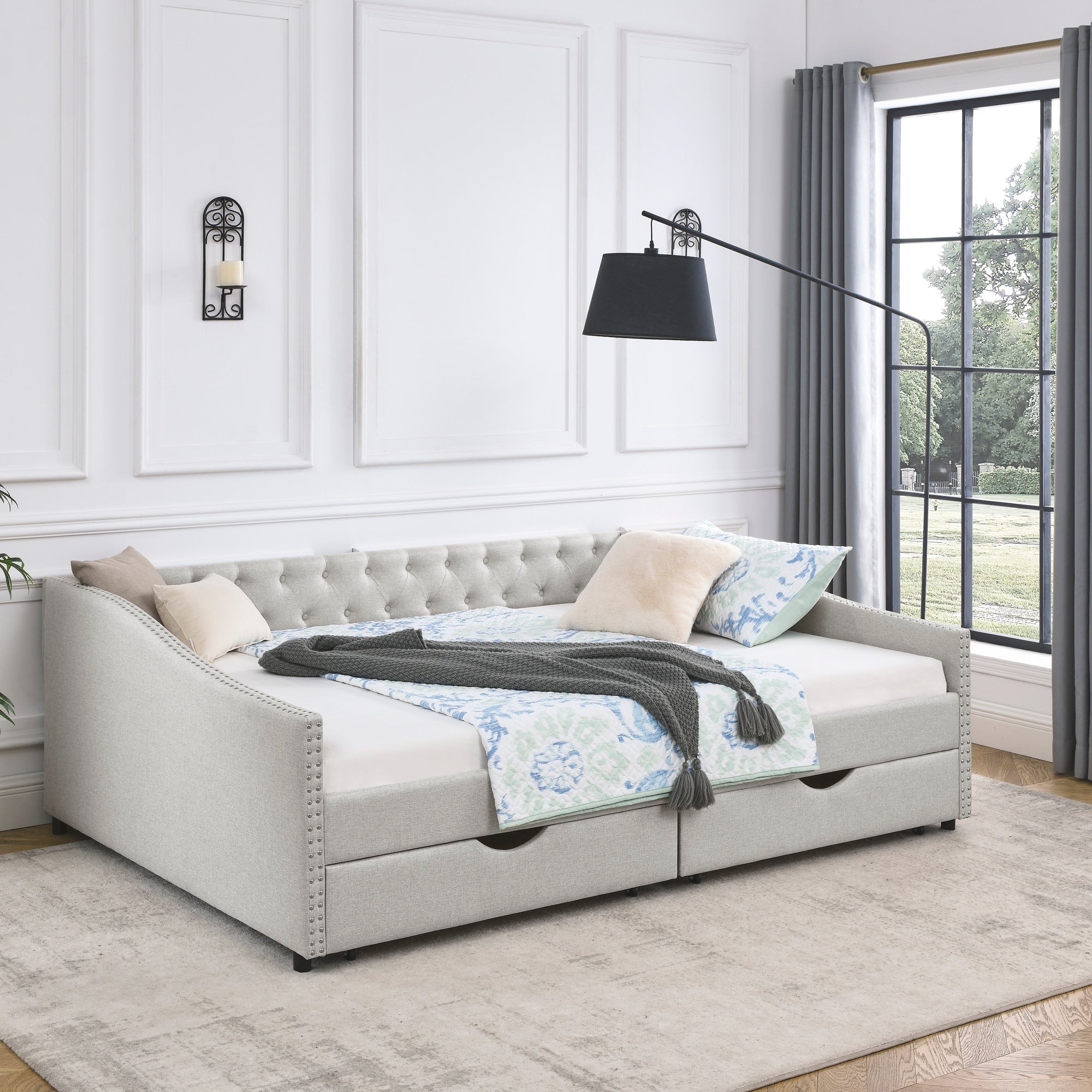 Upholstered Sofa Bed Beige Queen Daybed With Drawers Nailhead Trim