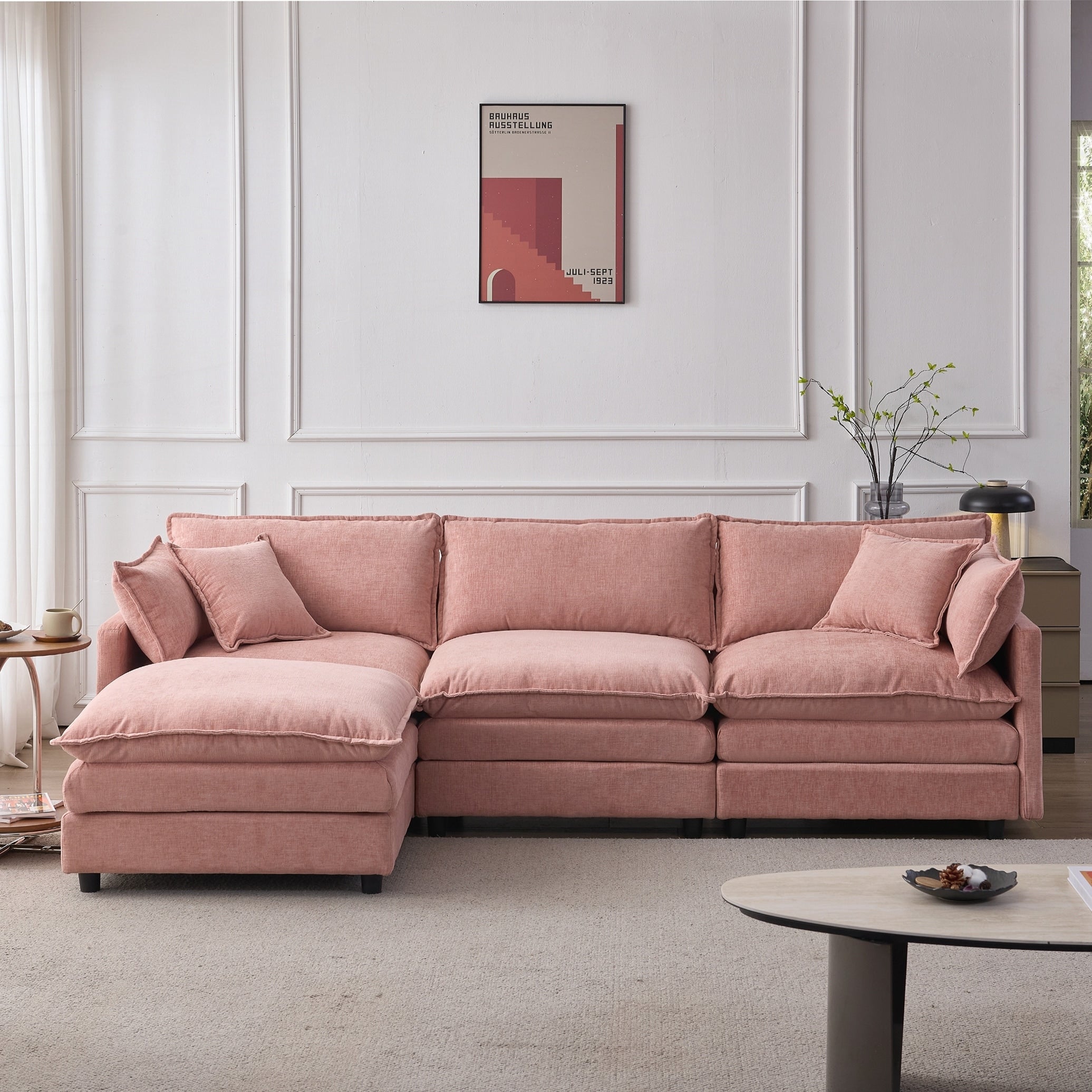 Upholstered Soft Chenille Fabric Sofa 3 Seater With Ottoman L Shape Sofa