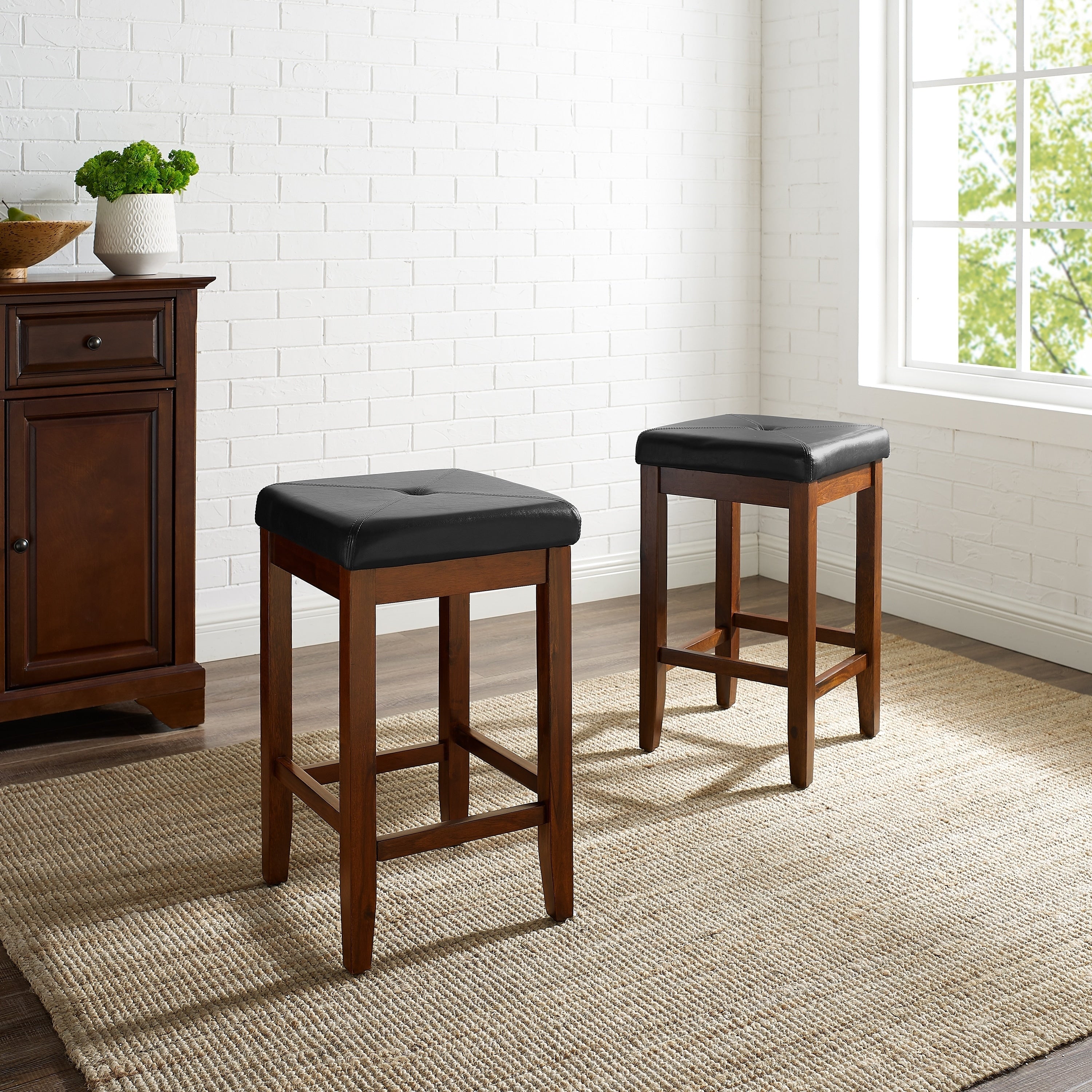Cherry Finished Upholstered Square 24 Inch Bar Stool Set Of 2