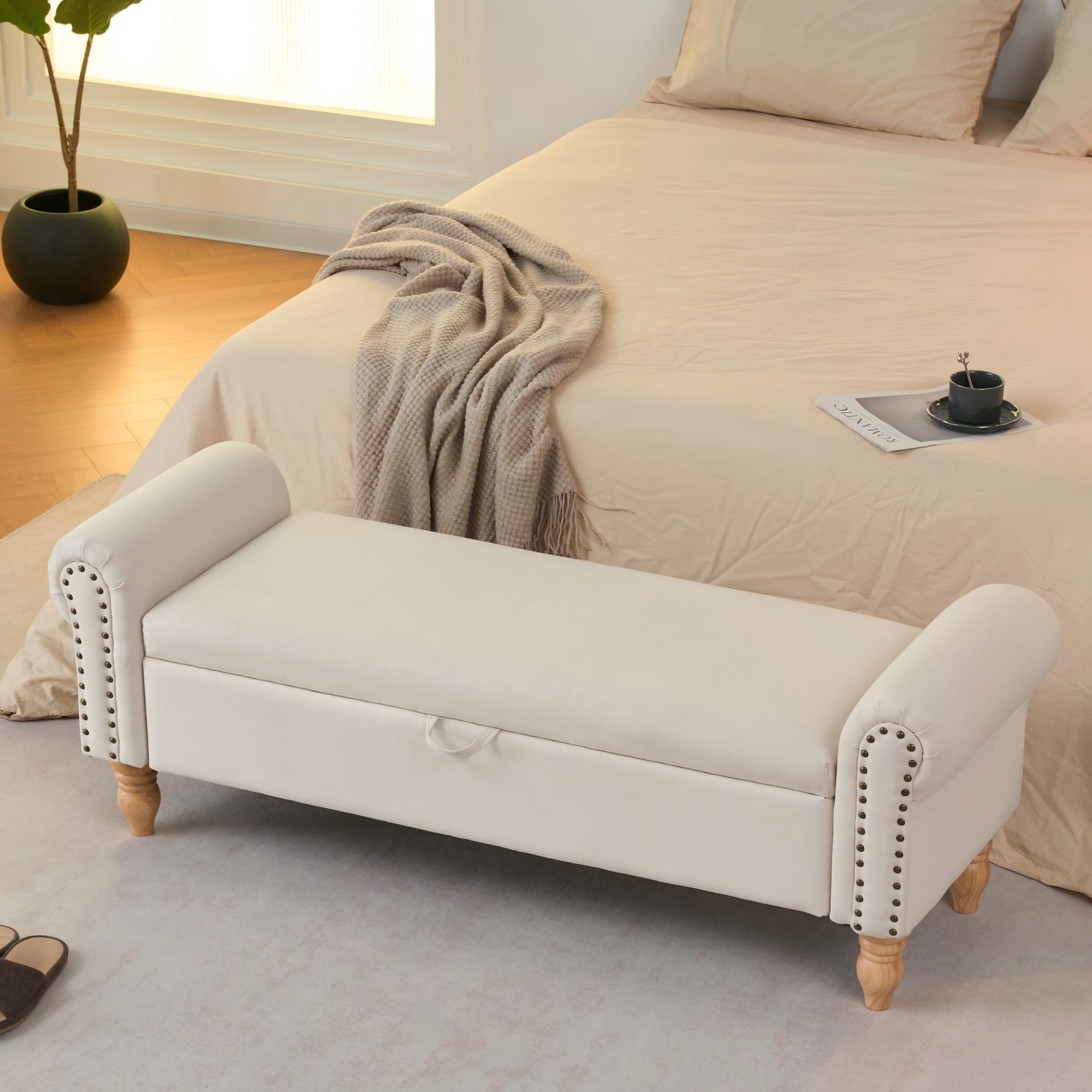 Upholstered Storage Ottoman Bench With Solid Wood Legs For Living Room