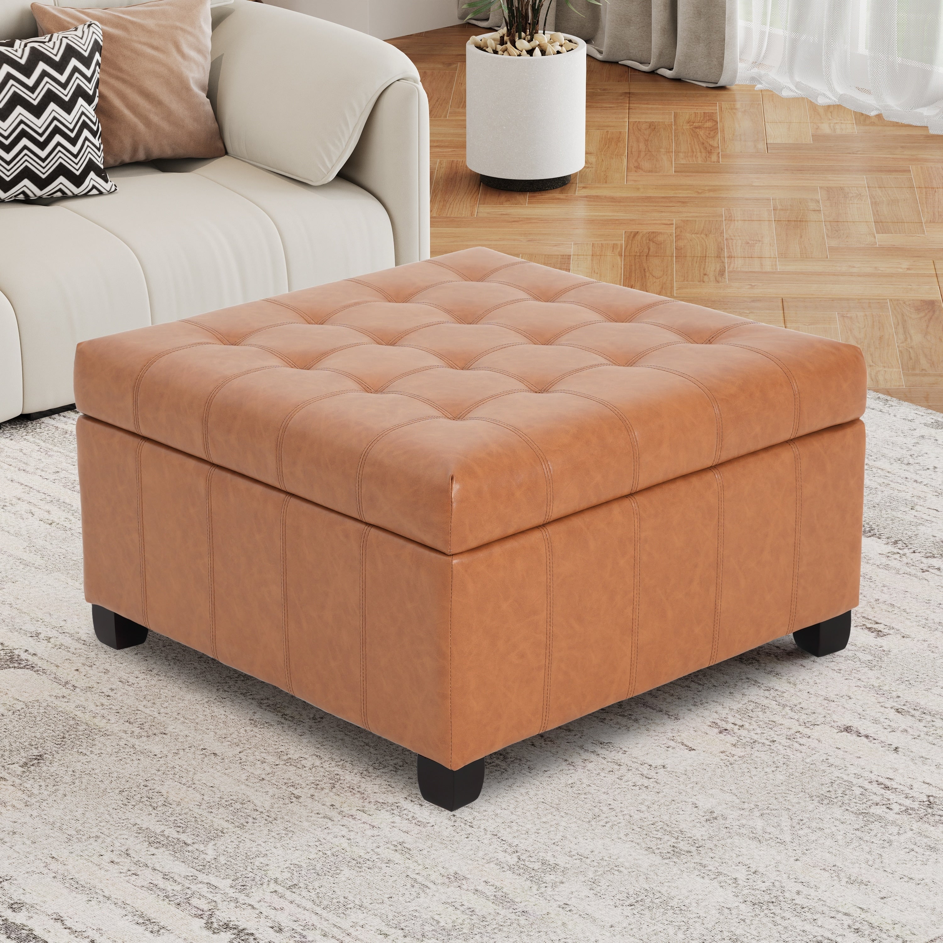 Upholstered Tufted Pu Leather Storage Ottoman With Soft Close