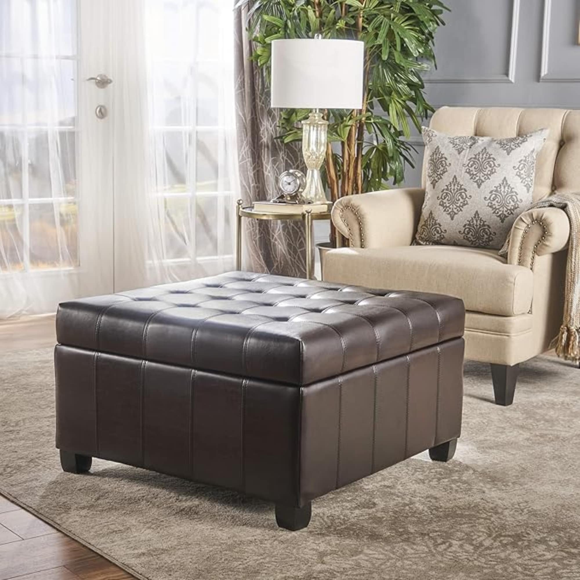 Upholstered Tufted Pu Leather Storage Ottoman Dark Brown