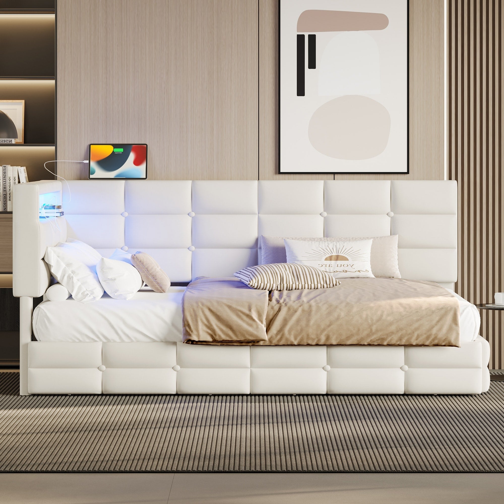 Upholstered Twin Size Daybed With 2 Drawers Charging Station Led Lights
