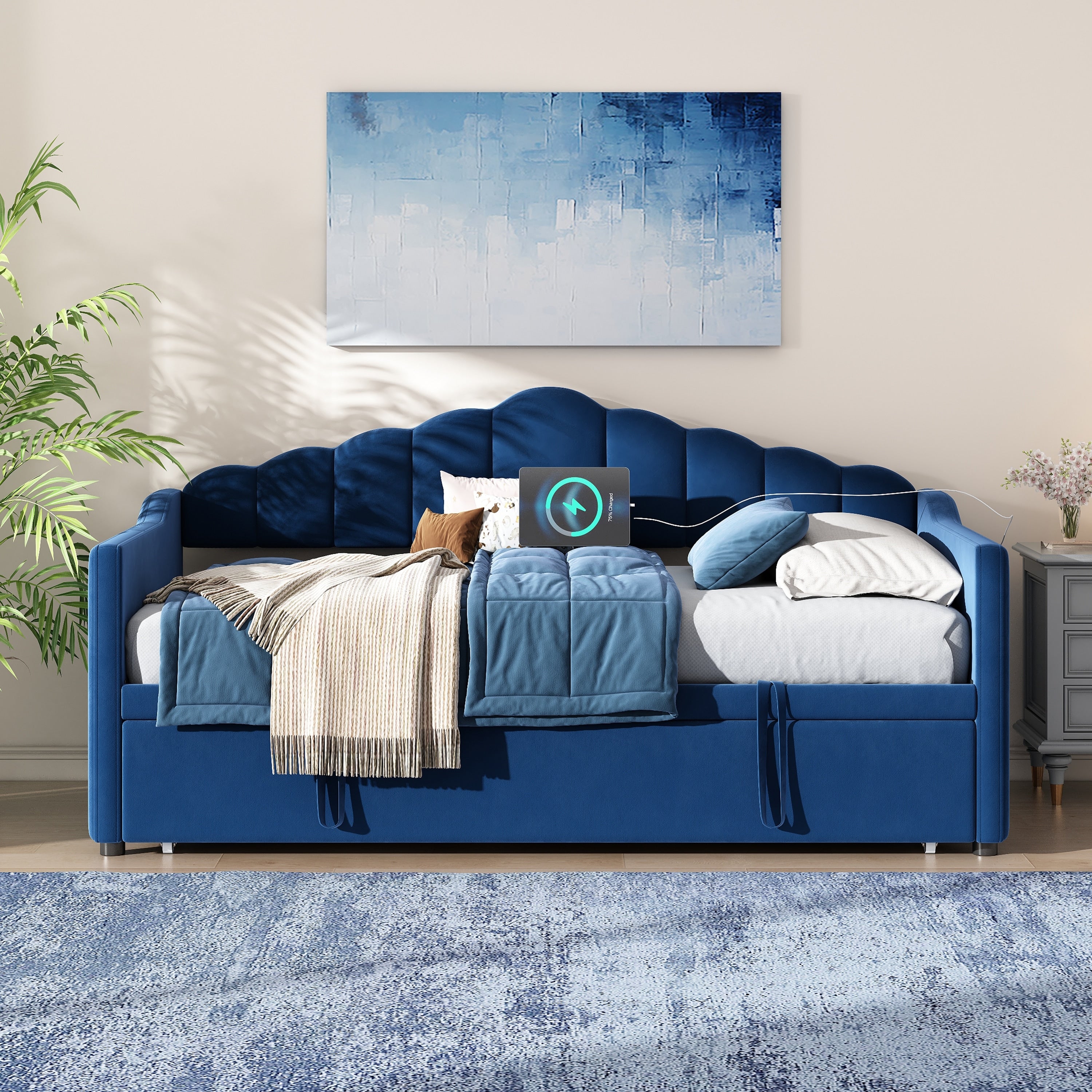 Upholstered Twin Size Daybed With Pop Up Trundle And Charging Station