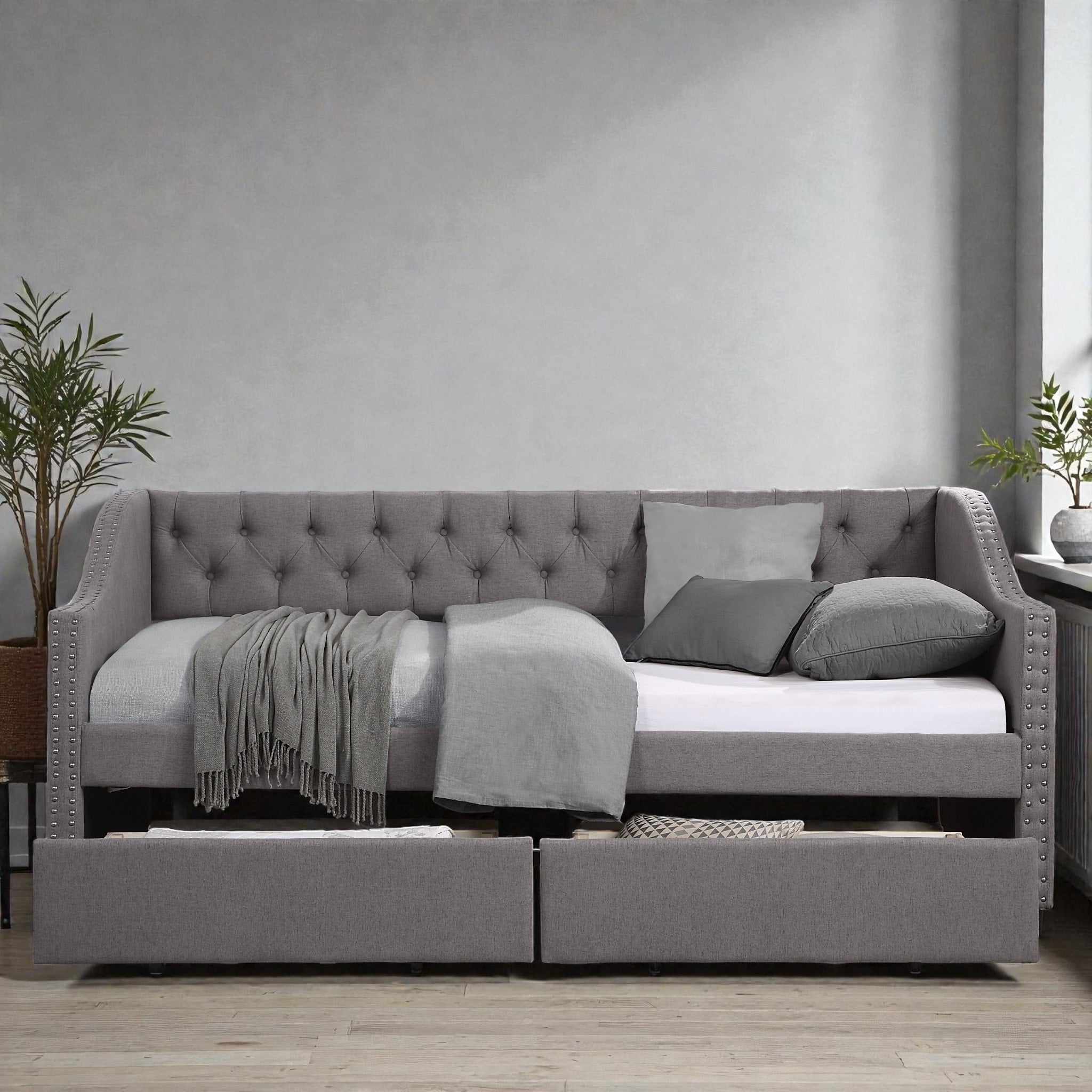 Upholstered Twin Size Daybed With Two Storage Drawers Linen Fabric Daybed Frame With Wood Slat Support
