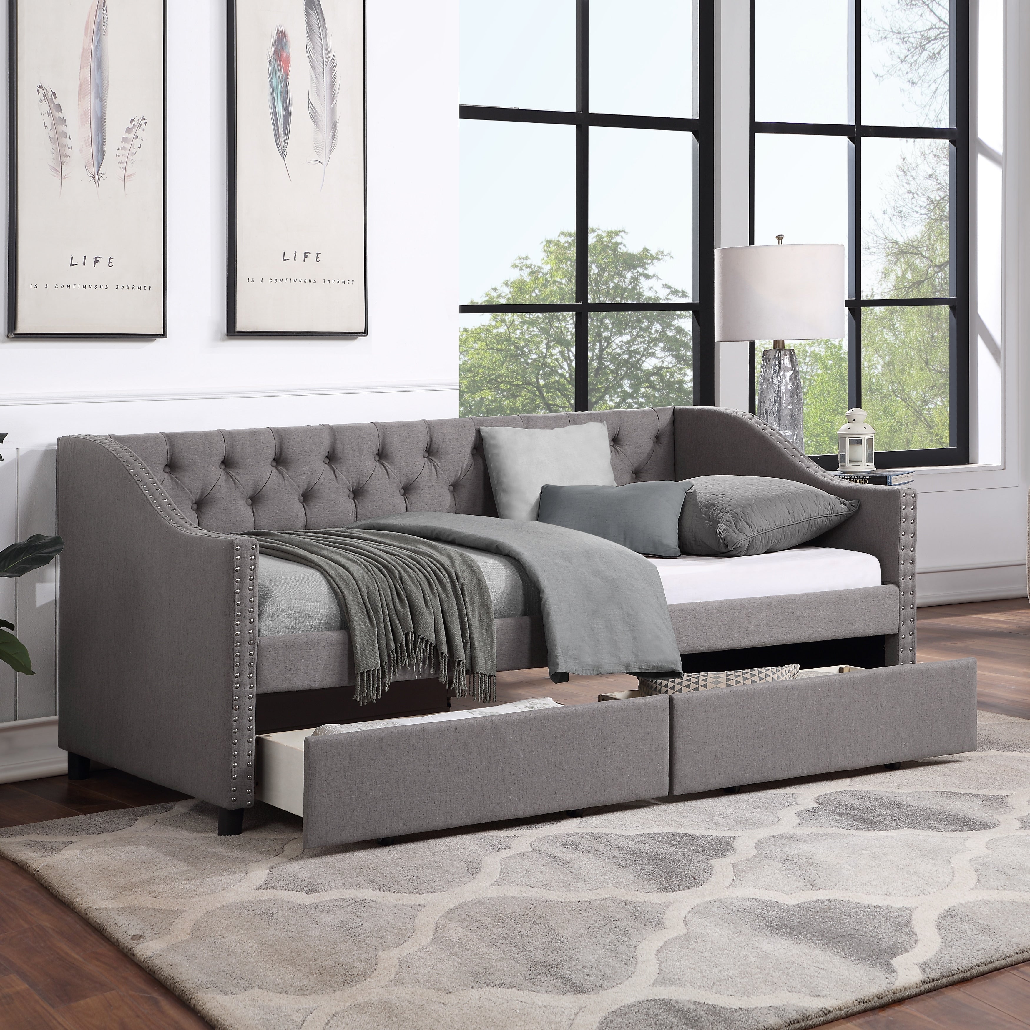 Upholstered Twin Size Platform Bed Frame With Drawers Slat Support