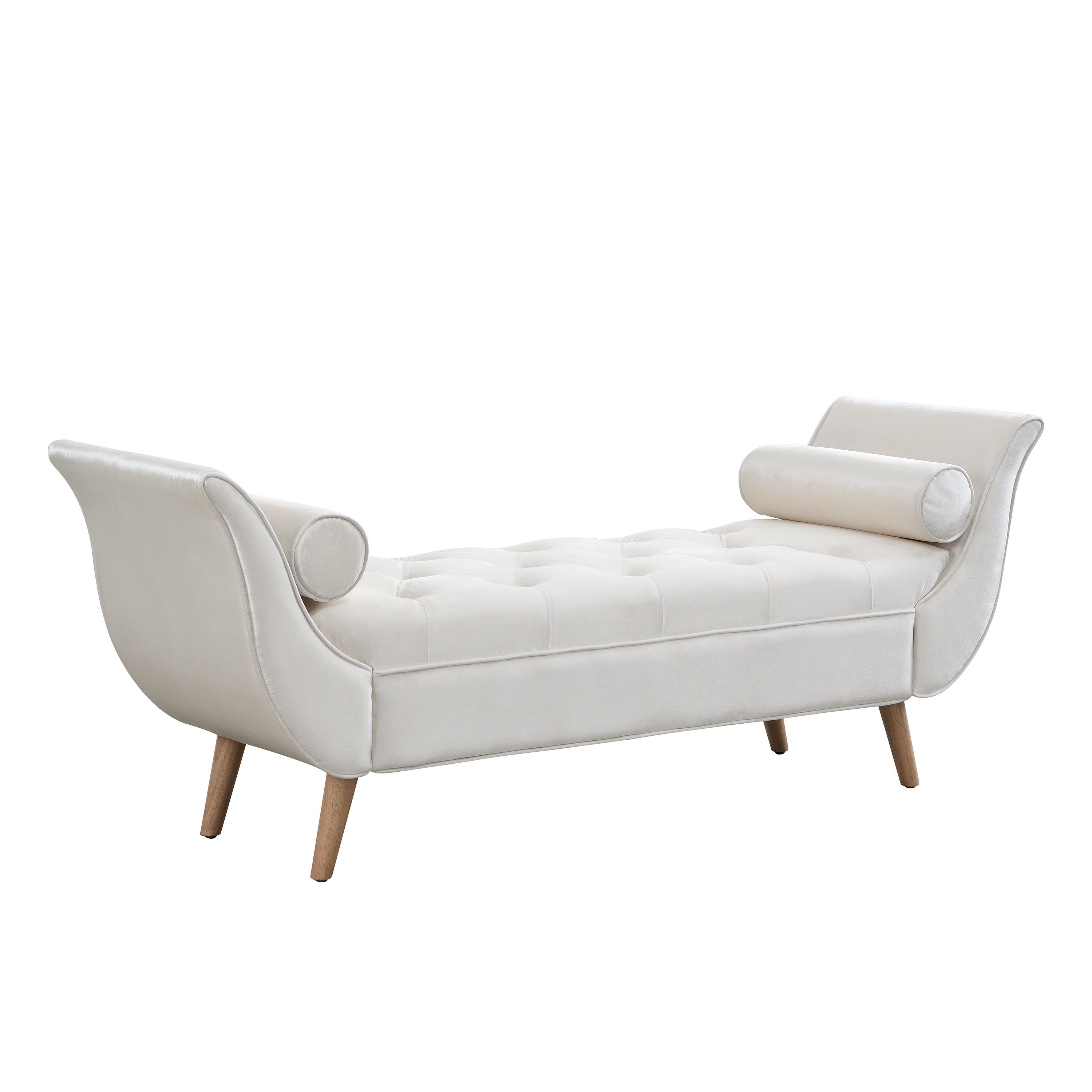 Upholstered Velvet Bench End Of Bed Bench With 2 Pillows Button Tufted Ottoman Beige Footstool With Rolled Arms