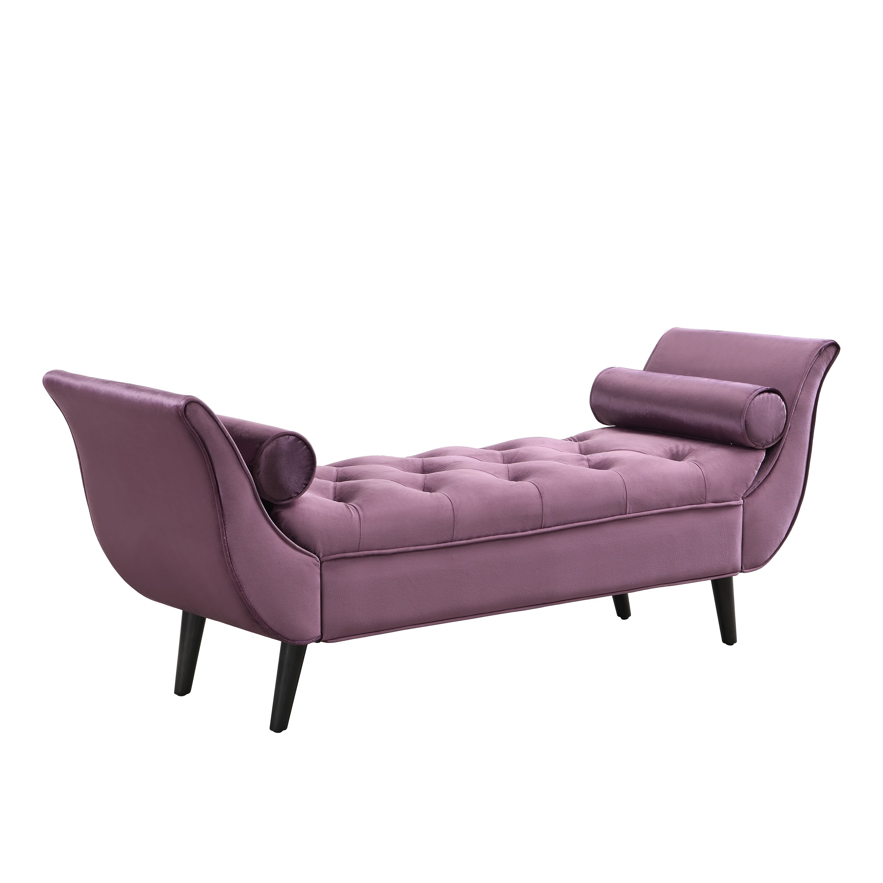 Upholstered Velvet Bench Purple End Of Bed Bench With 2 Pillows Button Tufted Ottoman Footstool With Rolled Arms