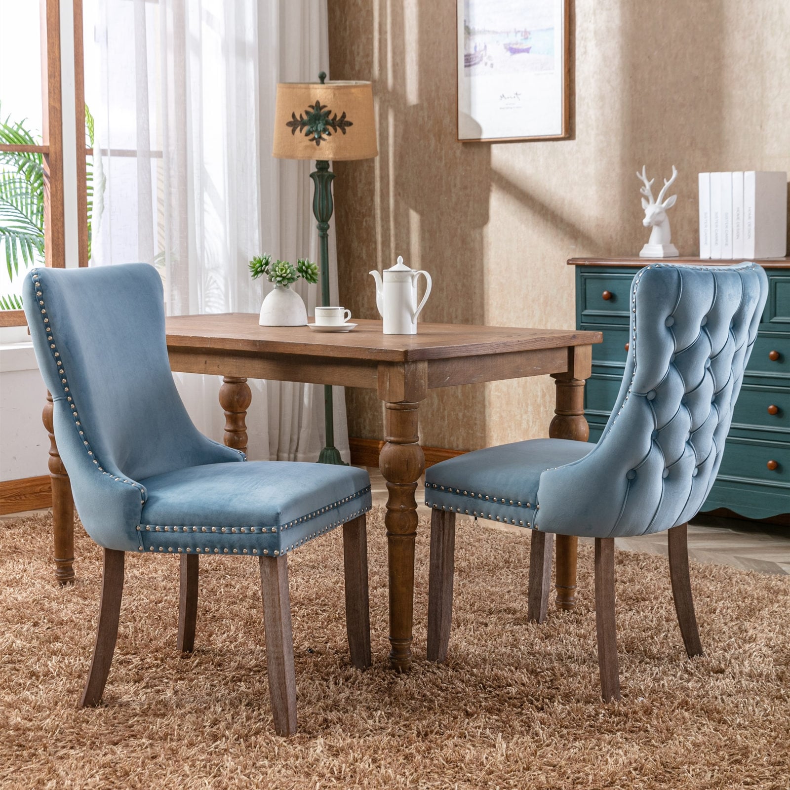 Upholstered Wing Back Dining Chair With Backstitching Nailhead Trim And Solid Wood Legs Set Of 2