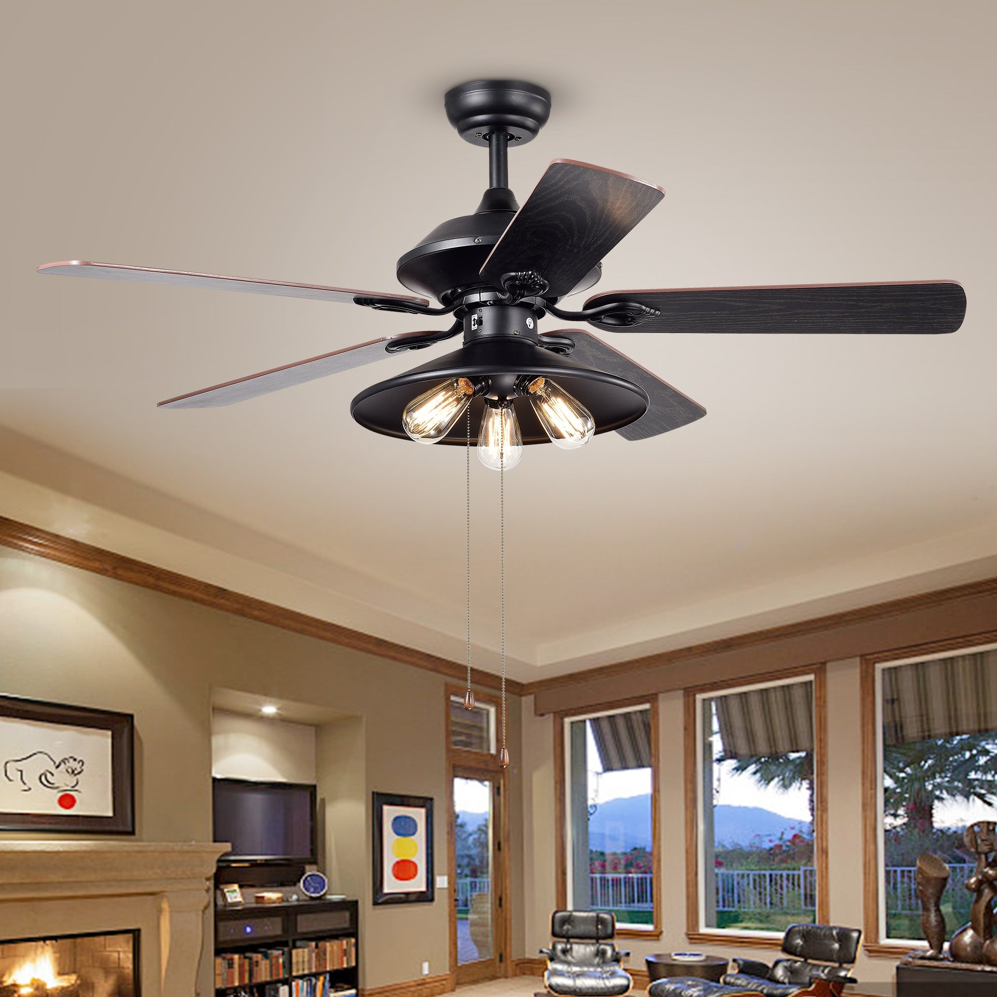 Upille 3 Light Metal 5 Blade 52 Inch Matte Black Ceiling Fan Includes Edison Bulbs