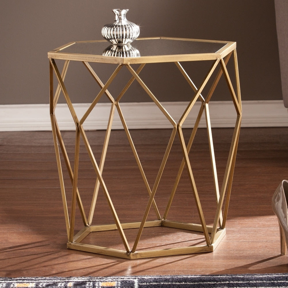 Silver Orchid Grant Antiqued Gold Mirrored Geometric Accent Table