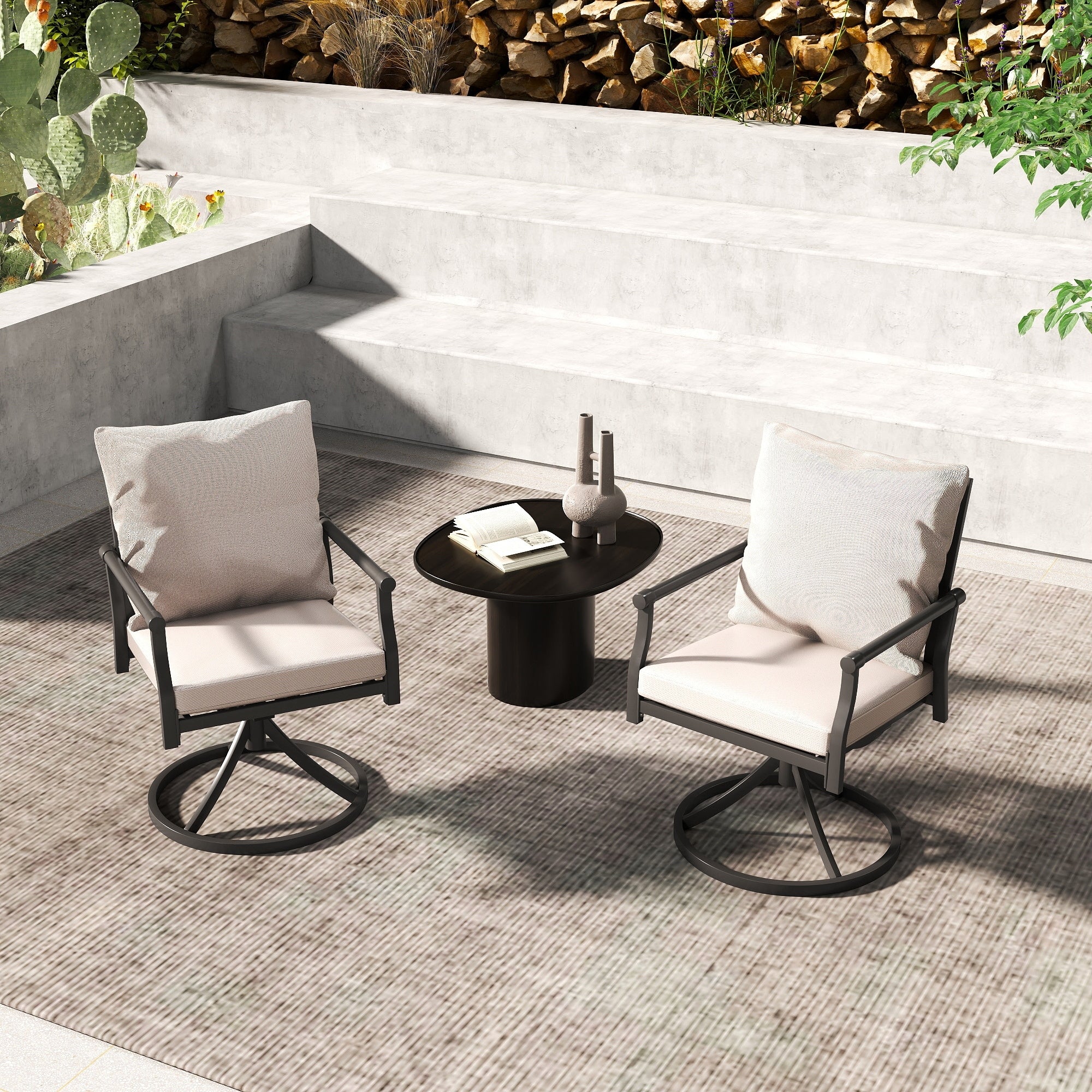 Urbanease 2 Piece Metal Patio Swivel Chairs With Beige Cushions