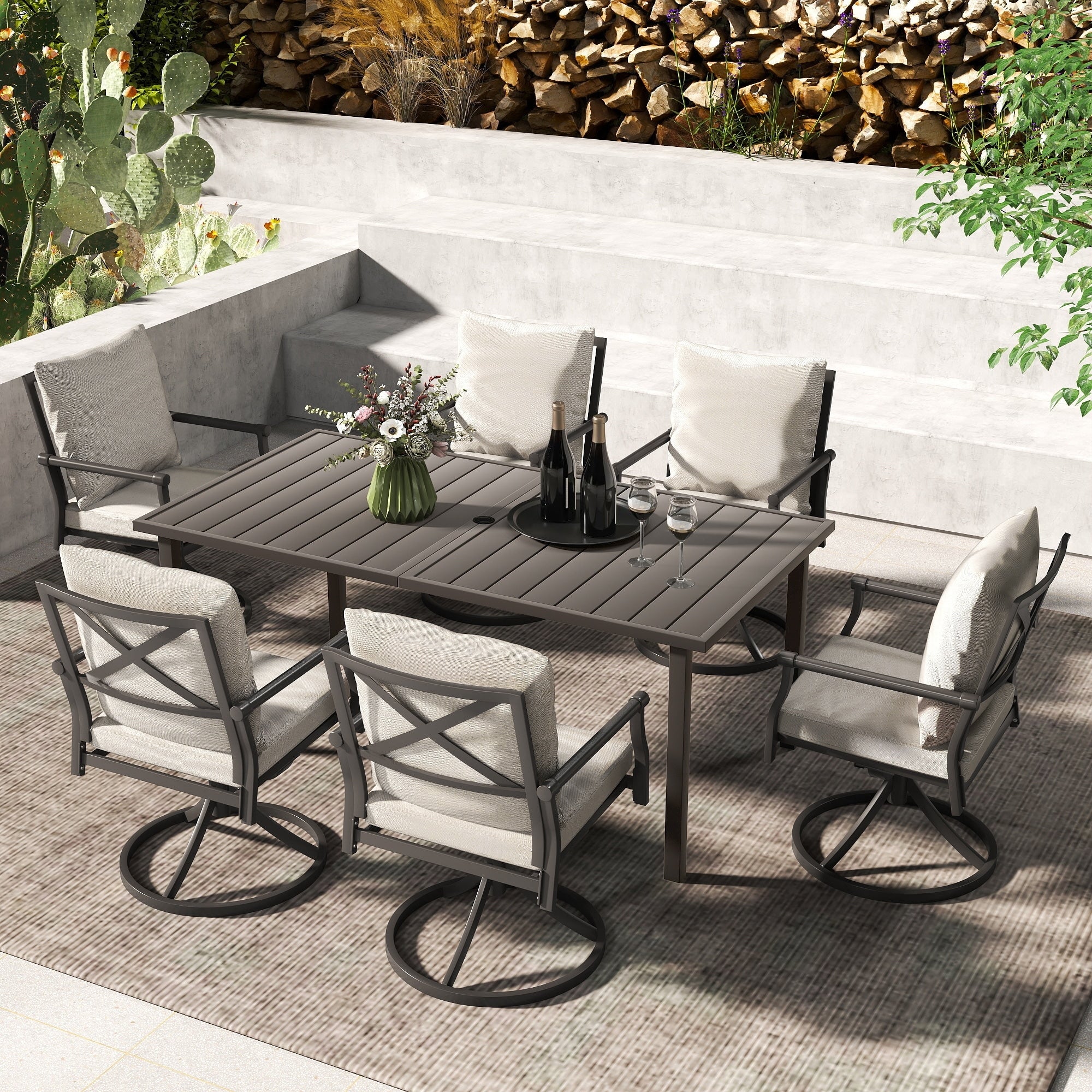 Urbanease 7 Piece Metal Patio Dining Set With Beige Cushions 6 Swivel Chairs And Rectangular Table