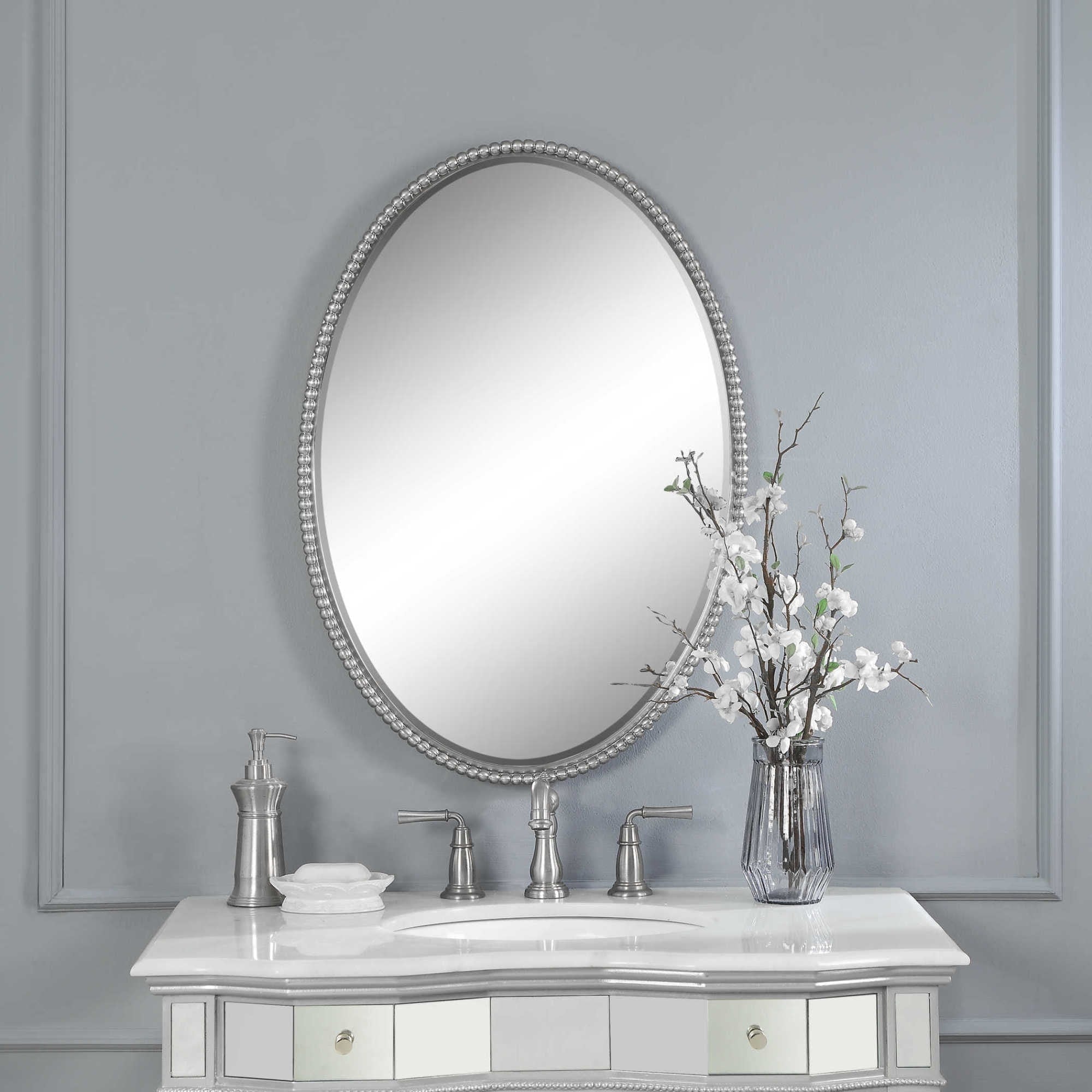 Uttermost 01102 B Sherise Oval Beveled Mirror With Beaded Frame Brushed Nickel