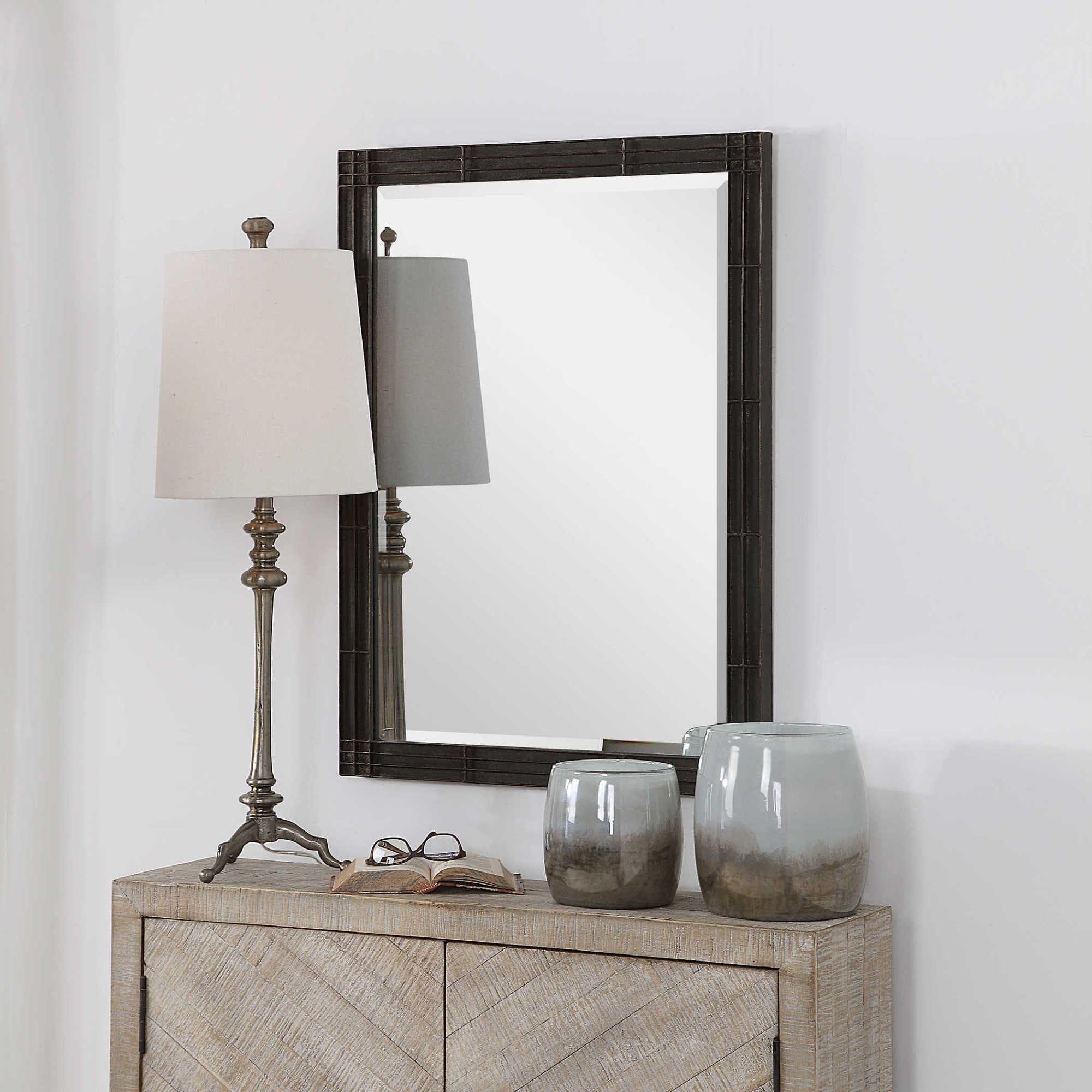 Uttermost 09485 Gower 34 5 8 X 25 1 4 Rectangular Beveled Iron Framed Bathroom Mirror Rustic Aged Black