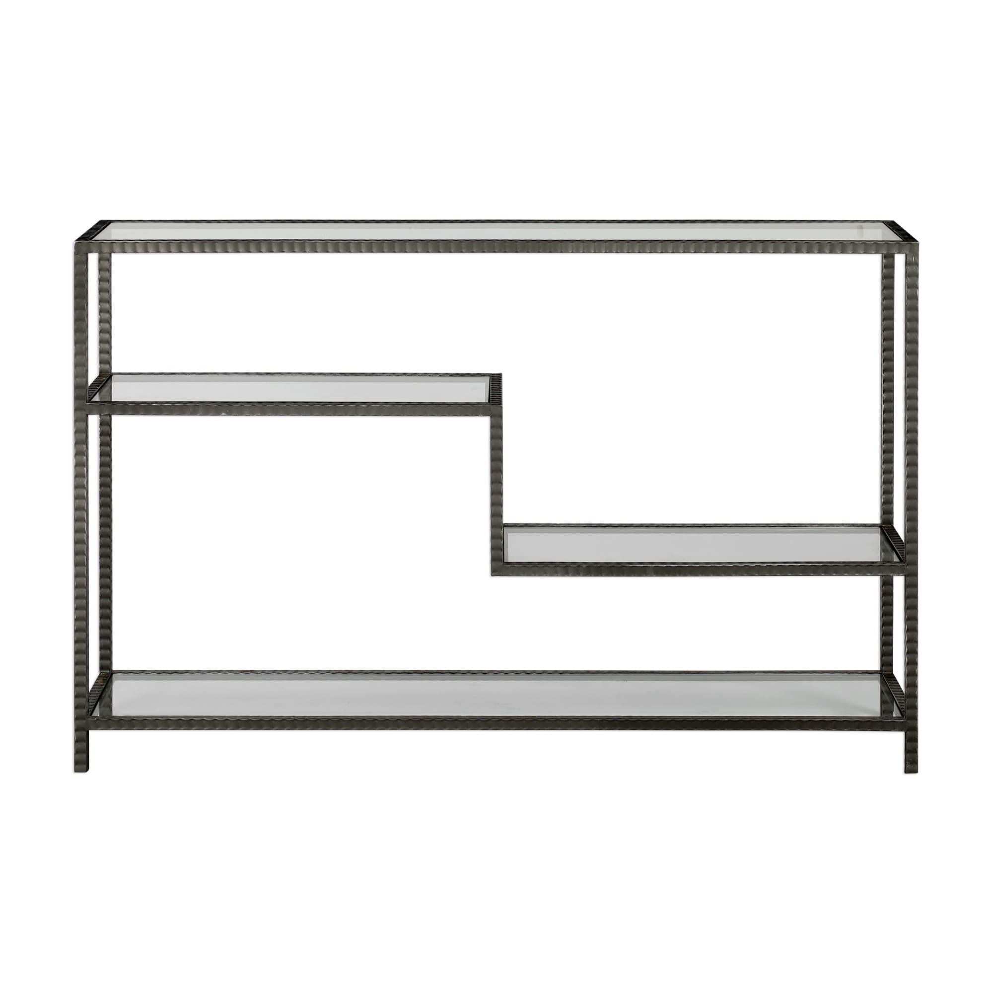 Uttermost 24810 Leo 52 Inch Wide Iron Console Table With Tempered Glass Shelves Aged Gunmetal