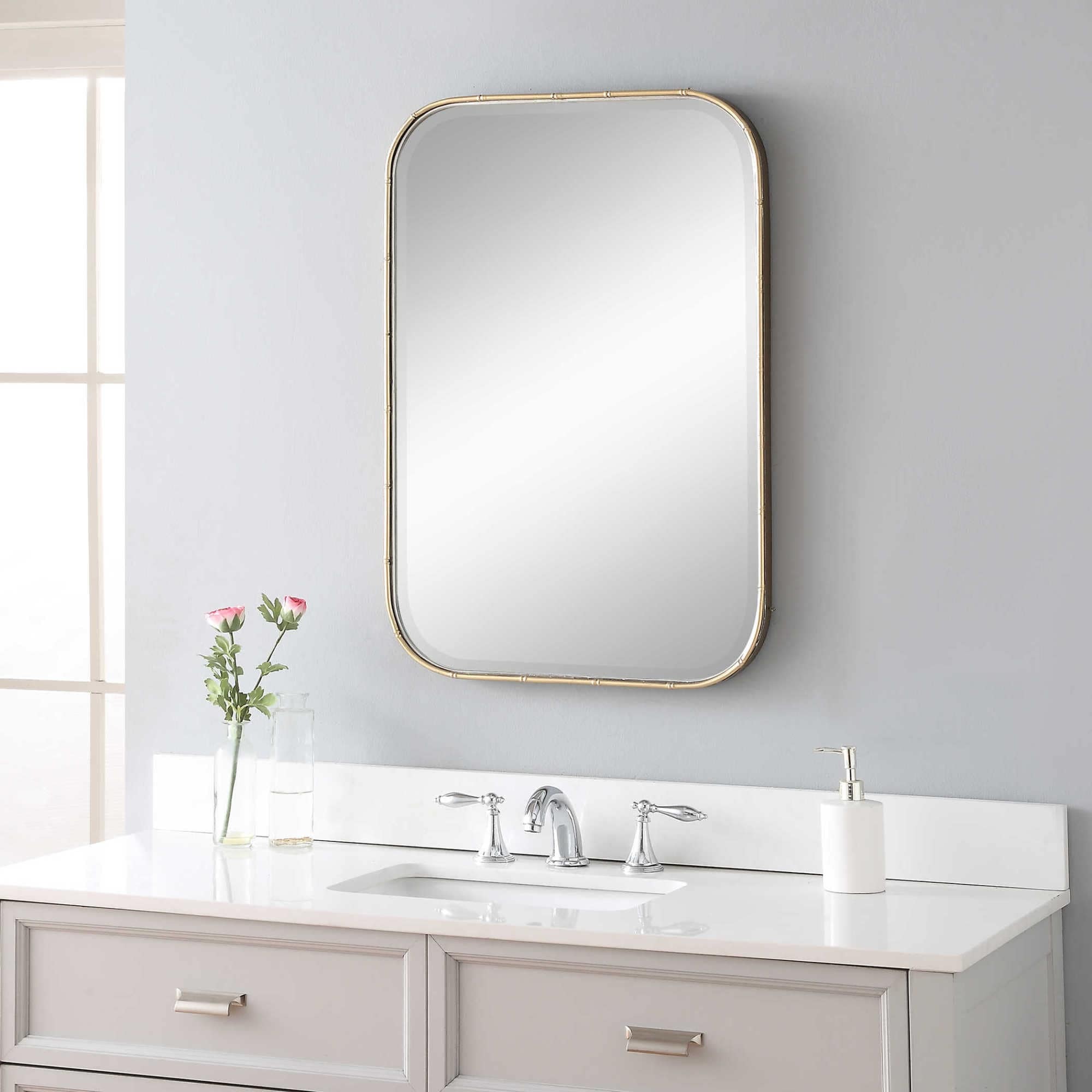 Uttermost 09599 Malay 30 X 21 Rectangular Beveled Iron Framed Bathroom Mirror Antique Gold Leaf