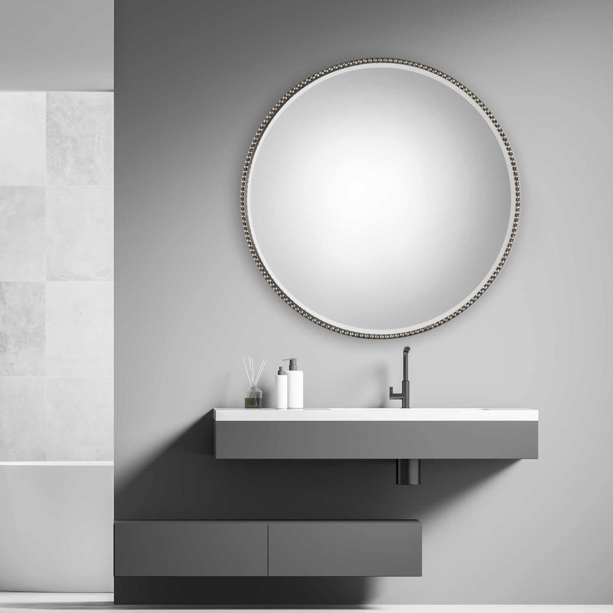 Uttermost 09252 Stefania 40 Inch Wide Circular Framed Beveled Mirror By Grace Fe Antiqued Silver Leaf
