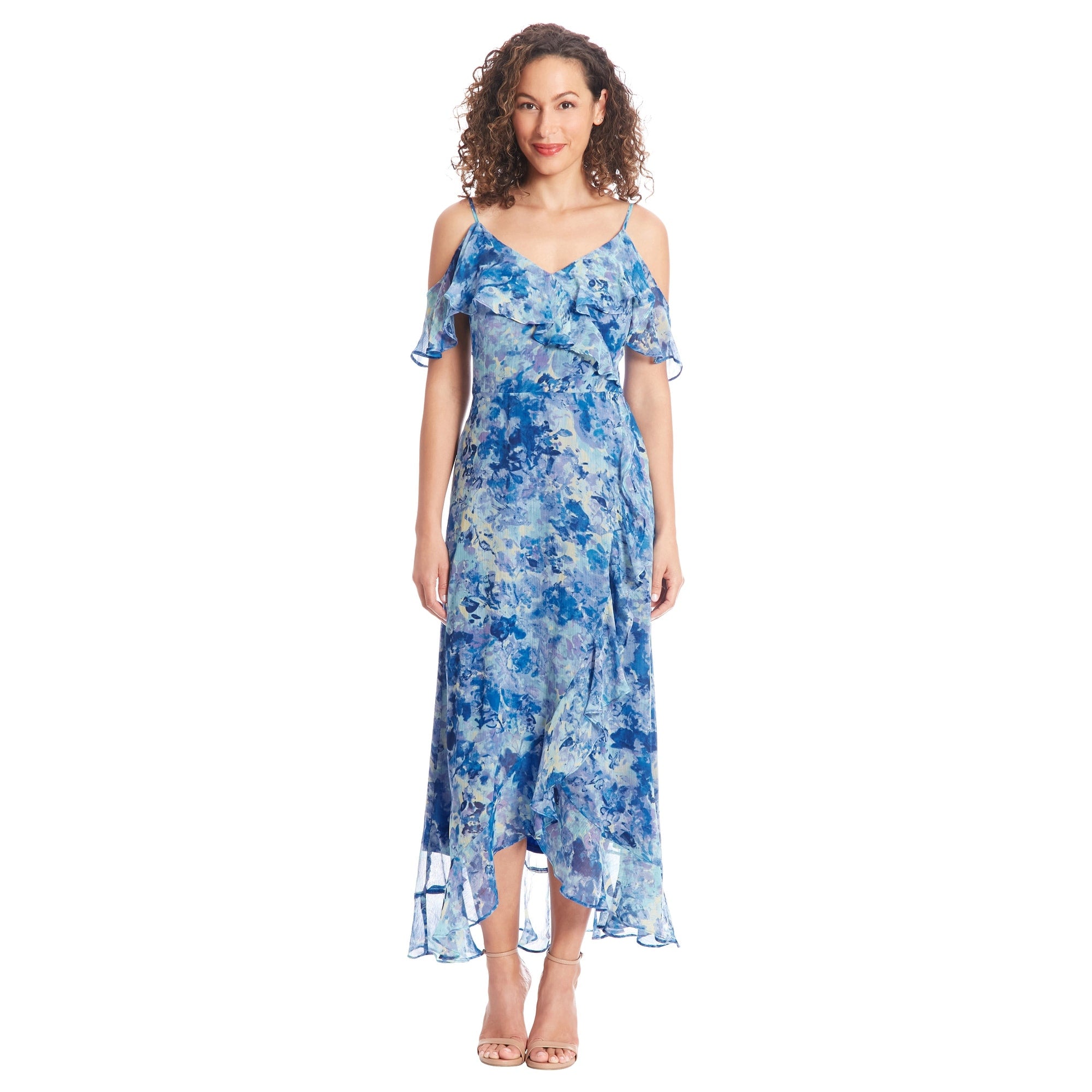 V Neck Cold Shoulder Short Sleeve Wrap High Low Dress With Ruffle Detail