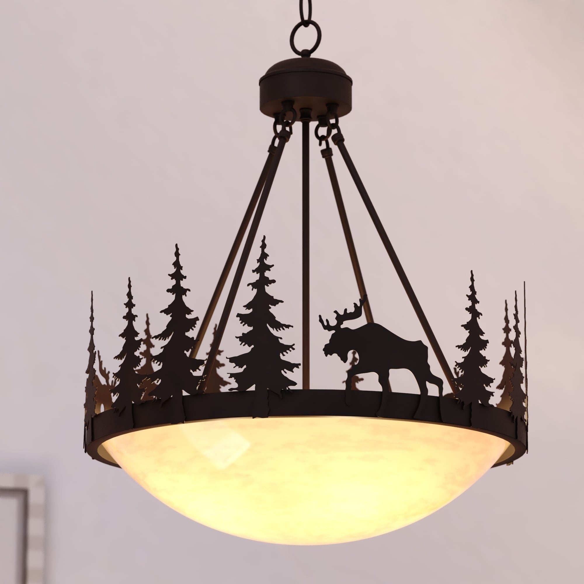 Vaxcel 4 Light 24 In. Wide Burnished Bronze Rustic Bowl Moose Pendant With Amber Flake Glass Shade Hanging Ceiling Fixture