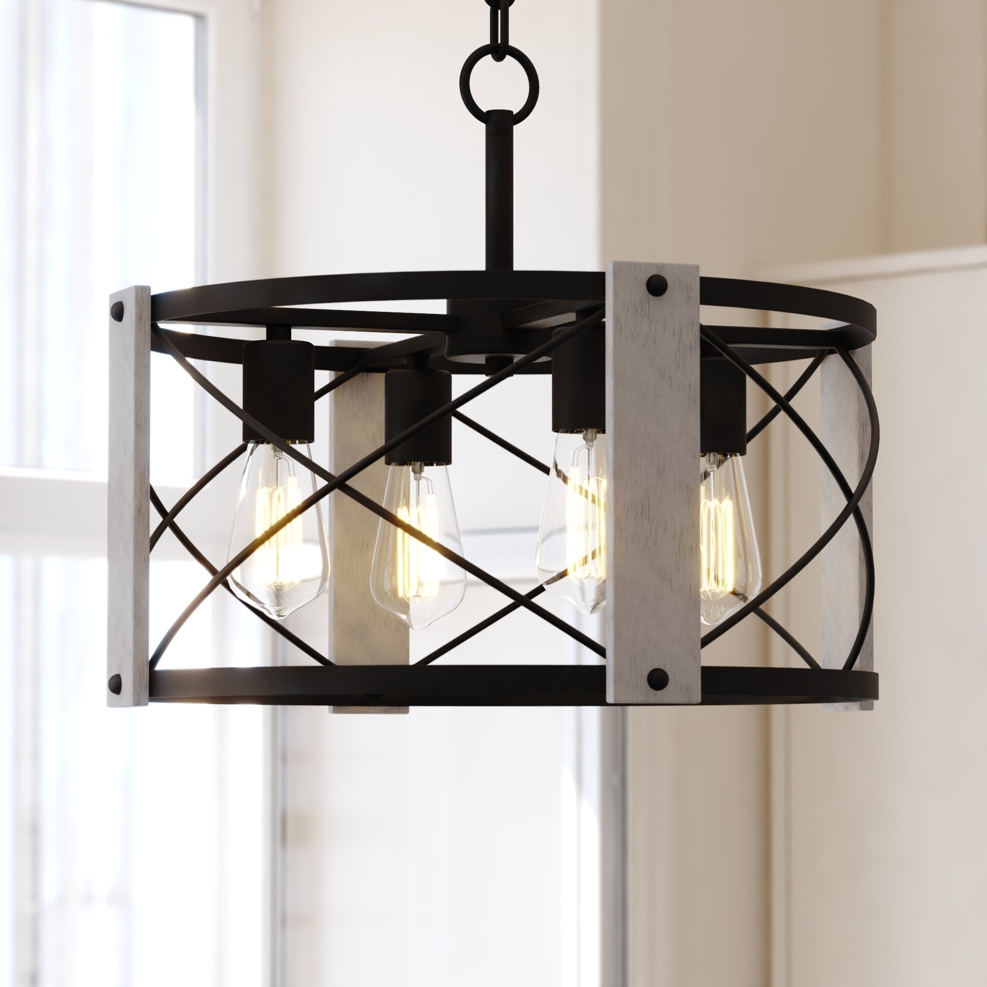 Vaxcel Burien 4 Light 18 In. Wide Taupe Farmhouse Round Pendant With Cage Drum Shade Hanging Ceiling Fixture