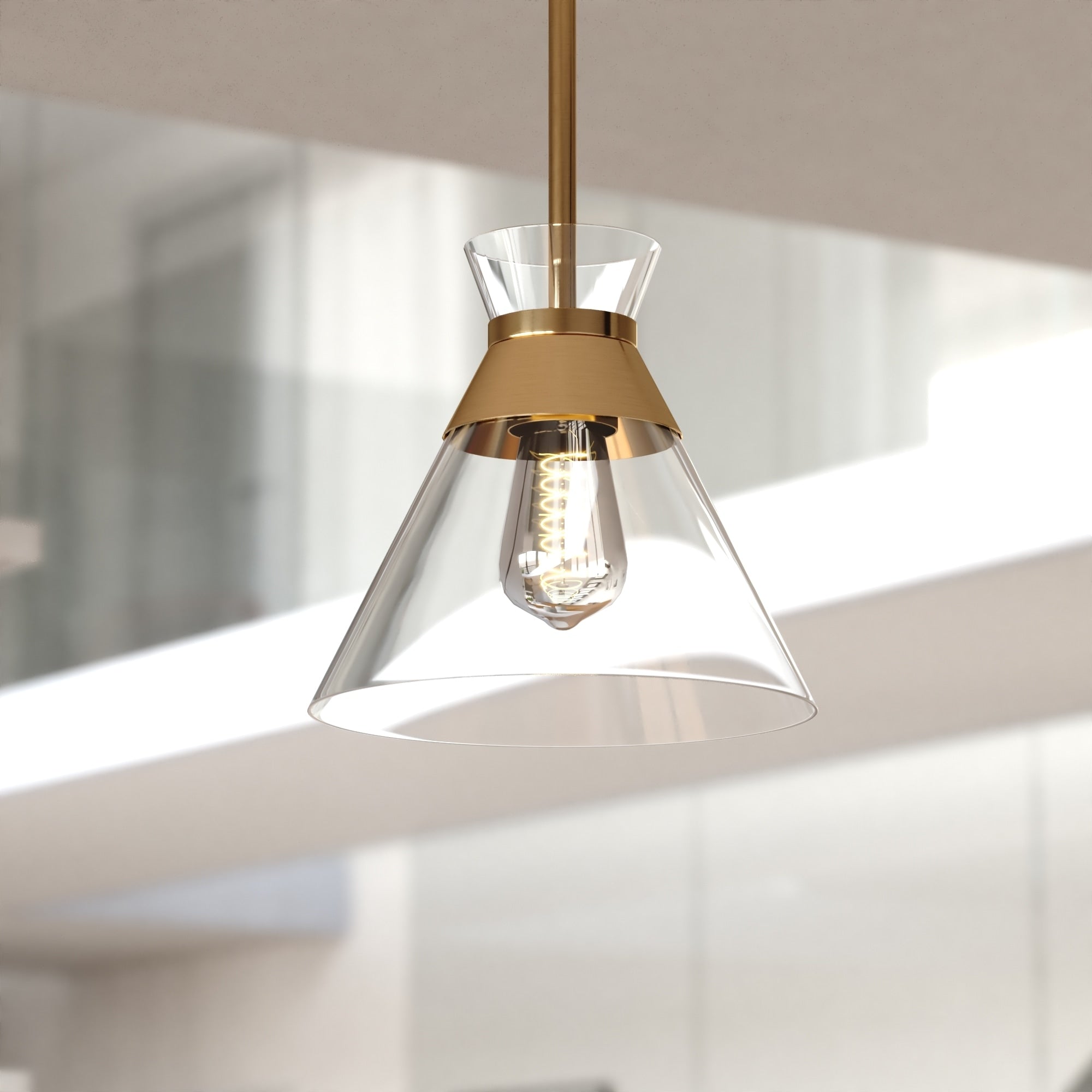Vaxcel Harper 1 Light 8.5 In. Wide Natural Brass Gold Mid Century Modern Mini Pendant With Clear Glass Cone Shade