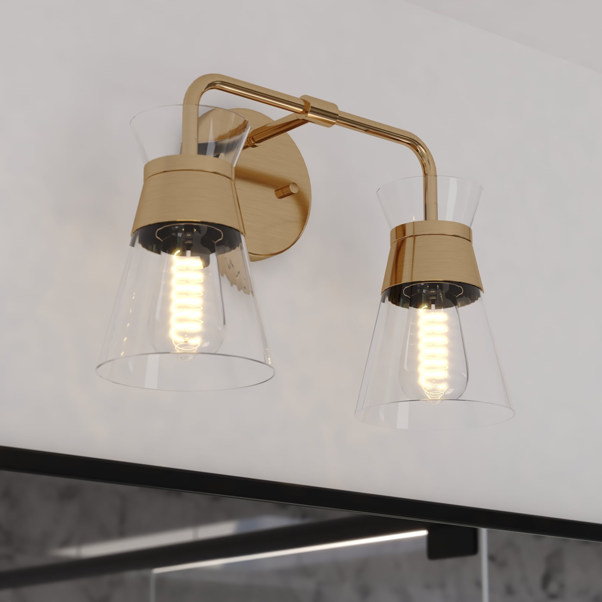 Vaxcel Harper Natural Brass Gold Mid Century Modern Bathroom Vanity Lighting Fixture Clear Glass Shade Wall Sconce