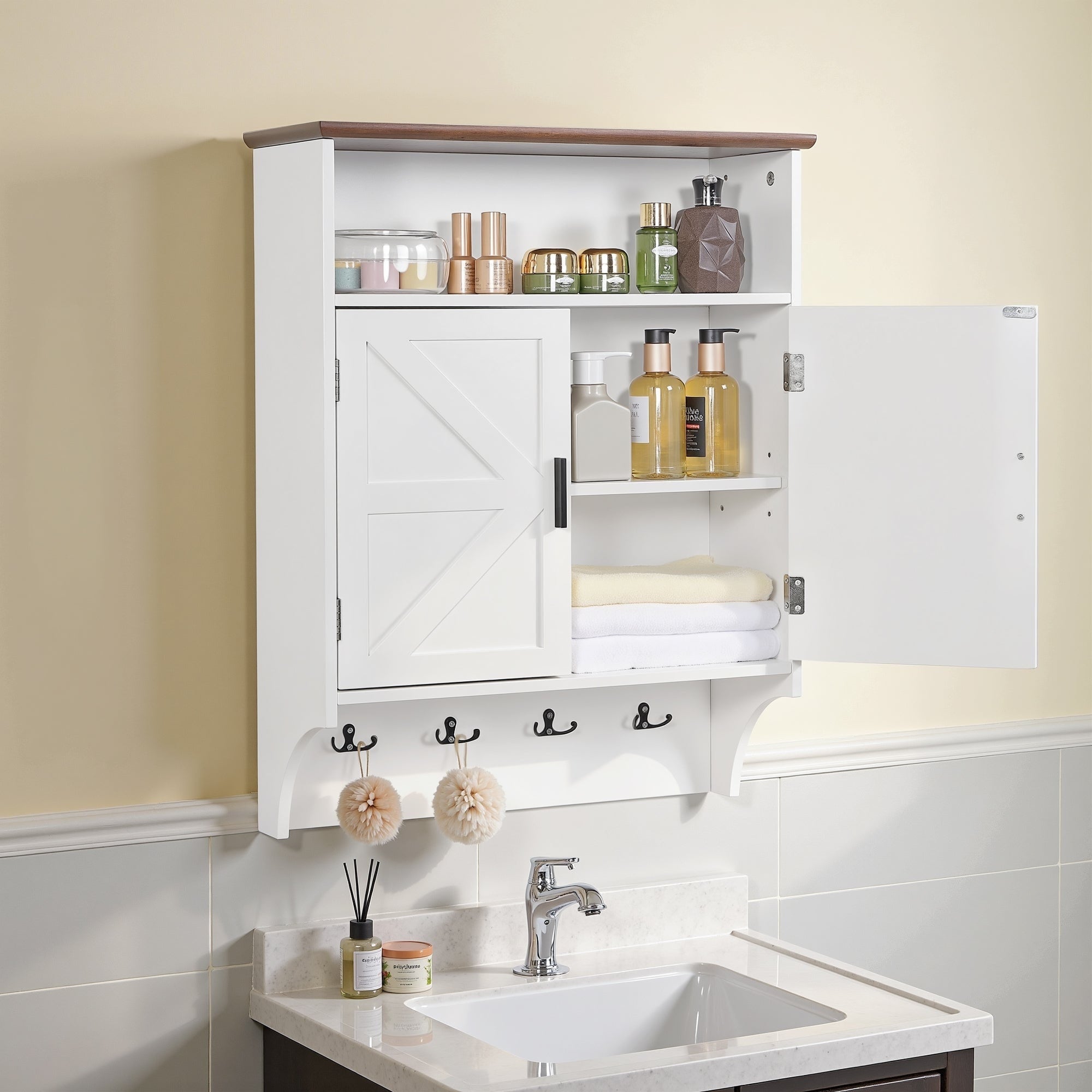 Vecelo 28.74 Height Wall Mounted Bathroom Cabinet With Adjustable Shelves Double Door Medicine Cabinet With Open Shelf Hooks