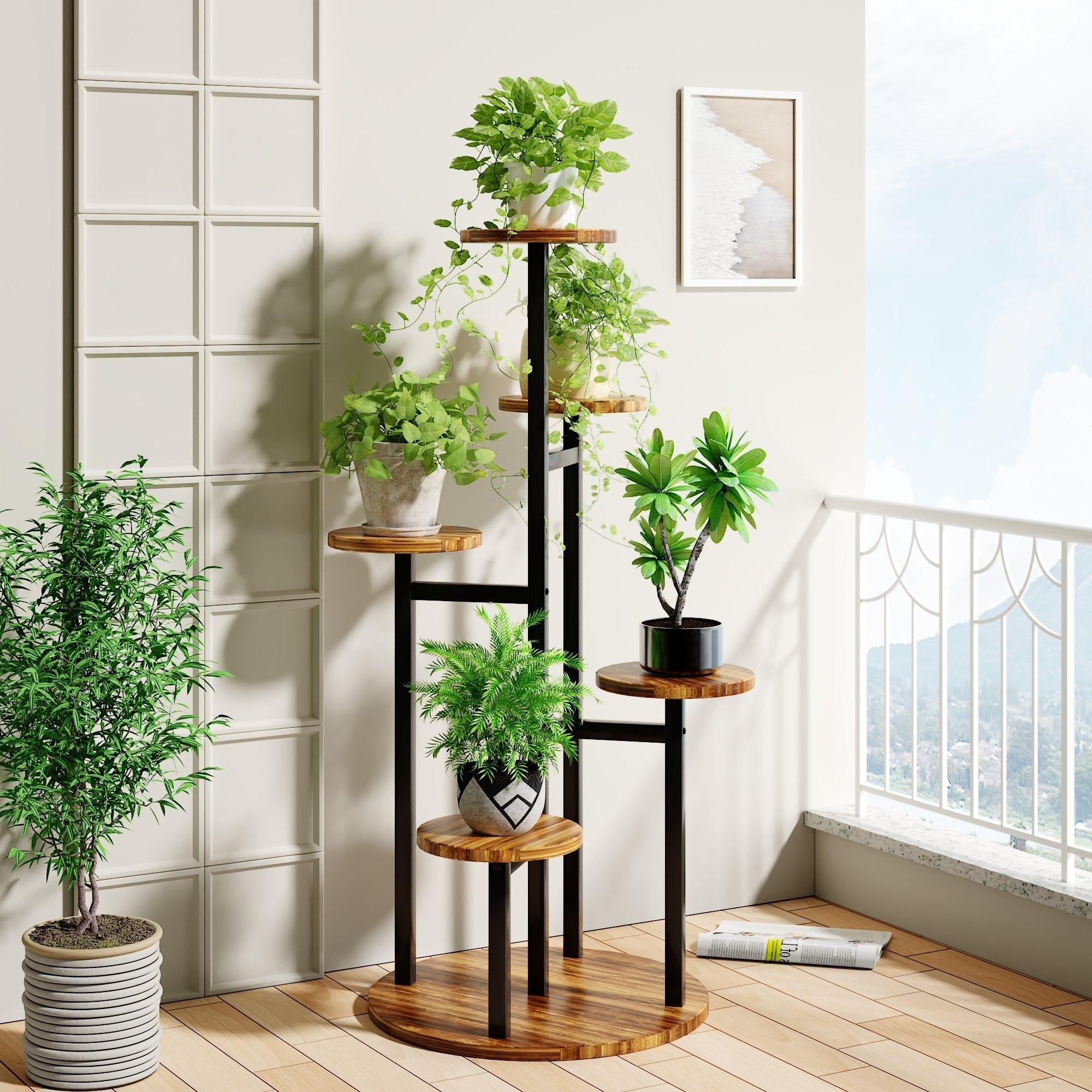 Vecelo 5 Tier Metal Plant Stand Heavy Duty Indoor Outdoor Flower Stand With Waterproof Mdf Shelves Multi Level Display Stand
