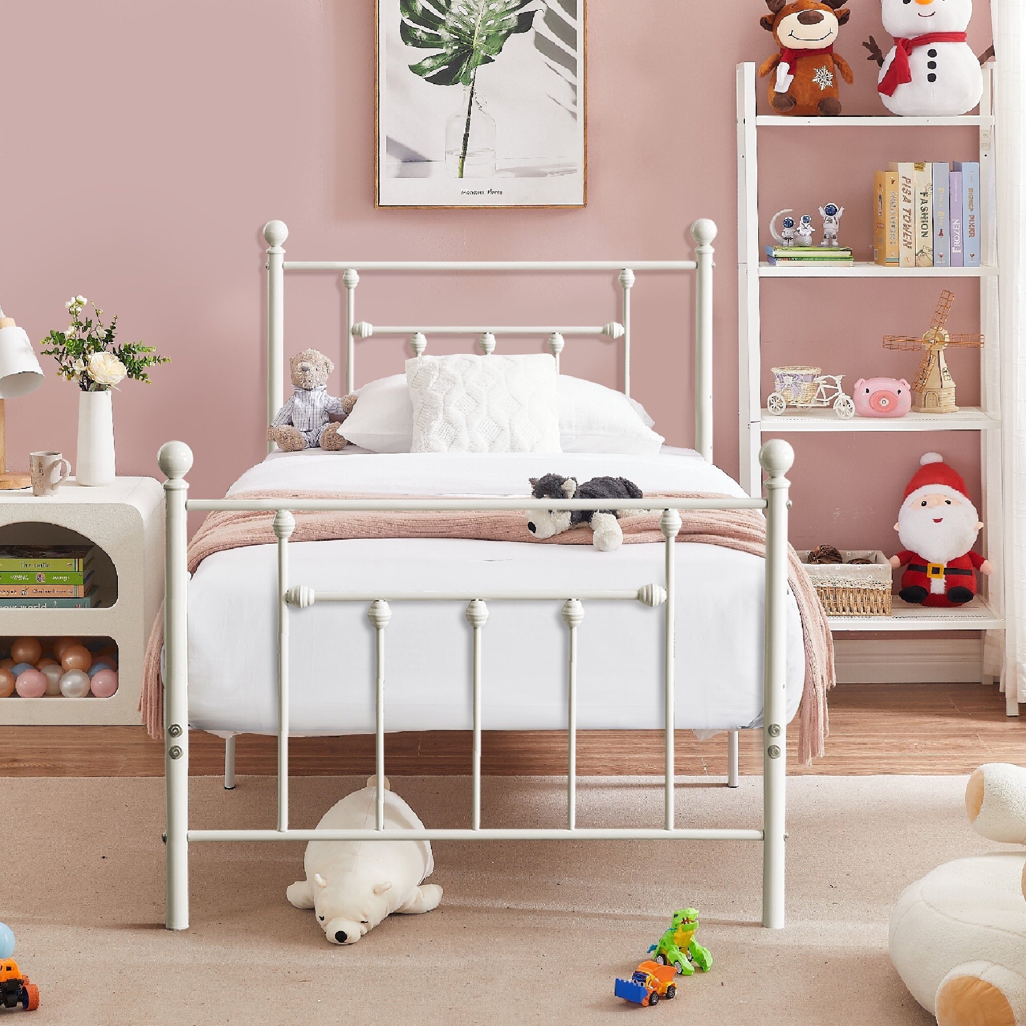 Vecelo Antique White Metal Bed With Pipe Frame Headboard Footboard