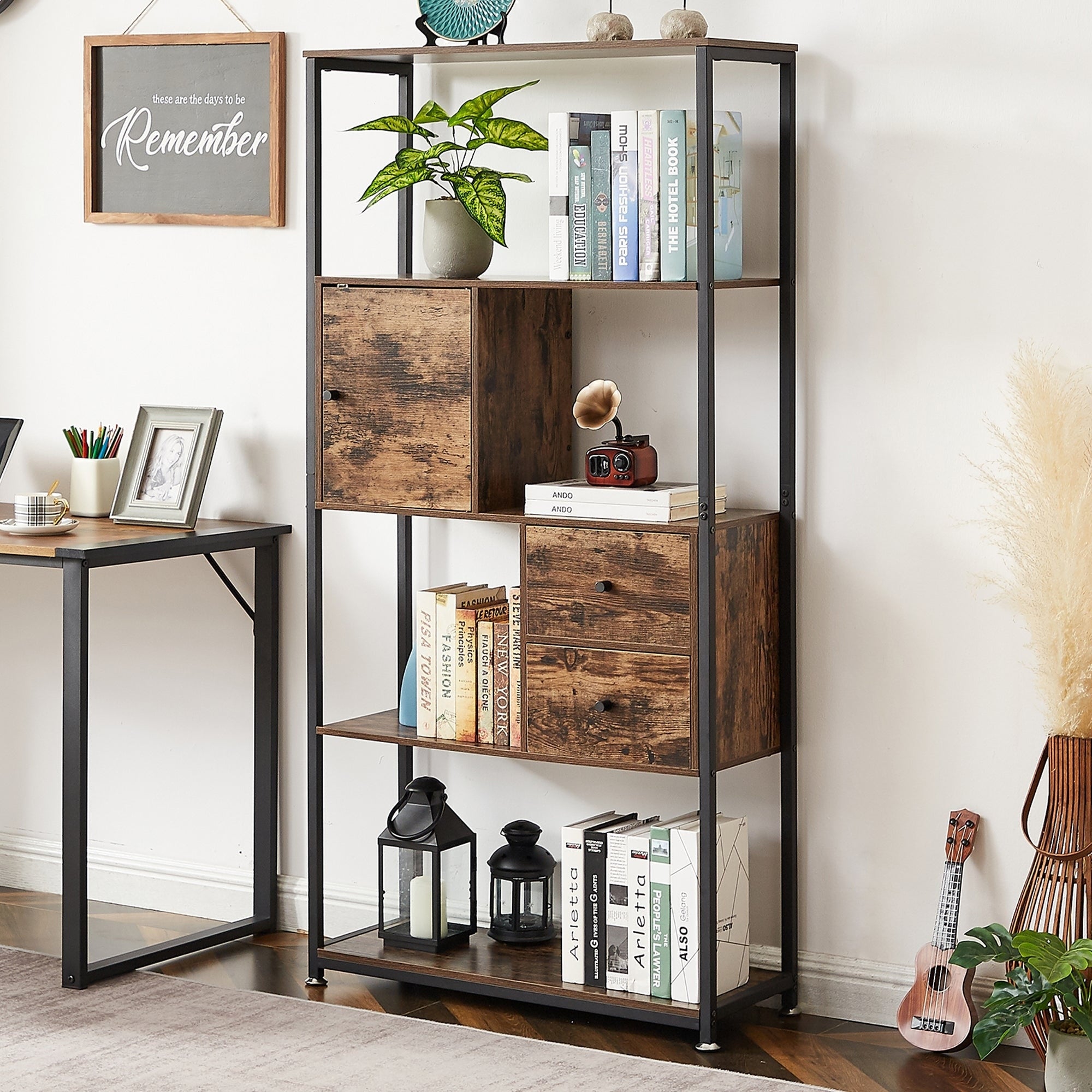 Vecelo Industrial Wooden 4 Shelf Bookcase Storage Shelf 62 31 12