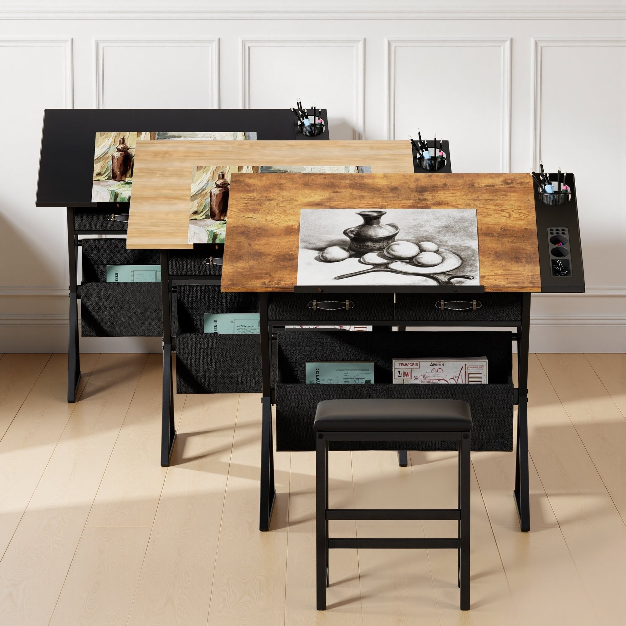 Vecelo Drafting Table Set With Stool Set Of 2 Tilting Art Desk With Pencil Ledge Storage Drawers With X Frame For Home Studio