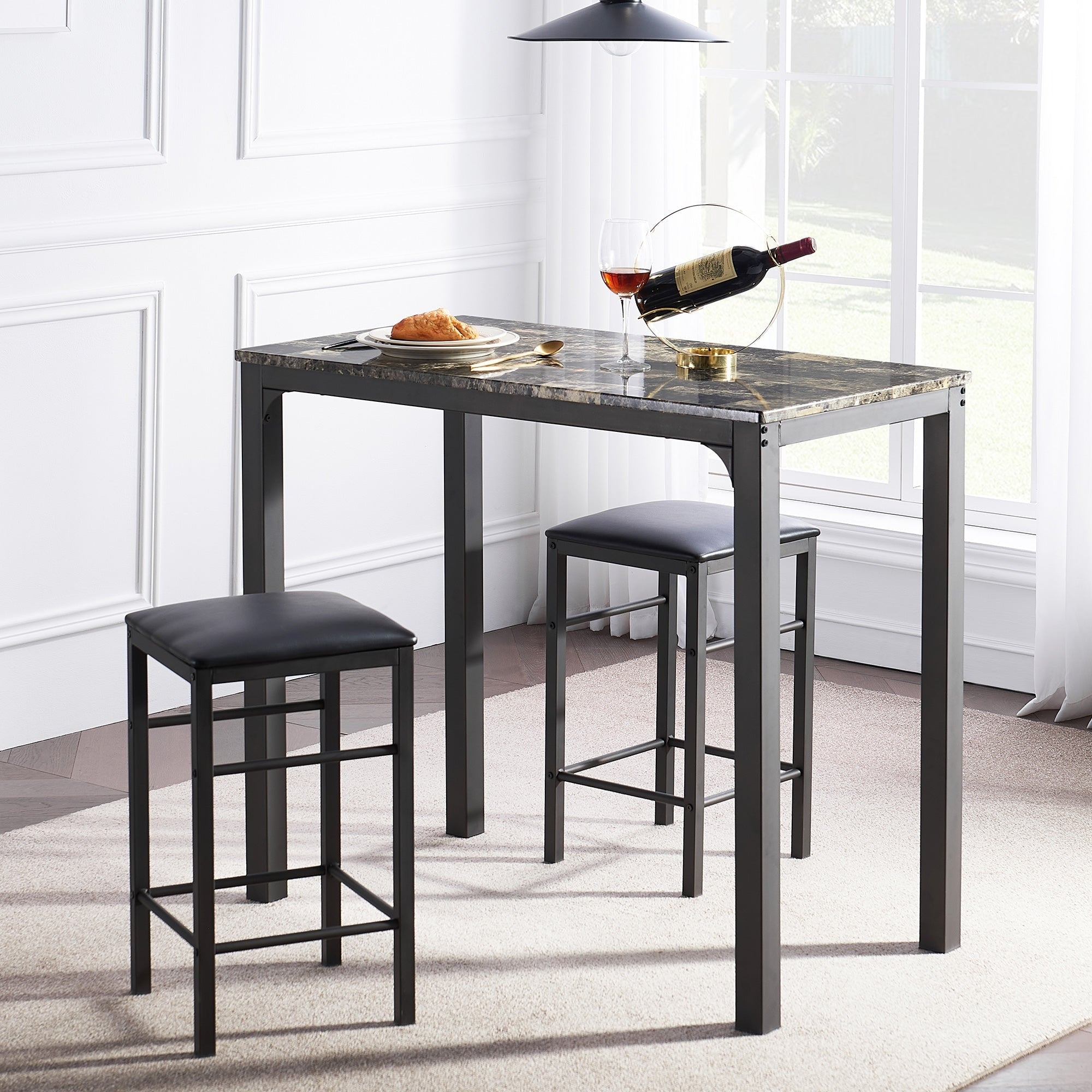 Vecelo Home Kitchen Counter Dining Table Sets Morden Stlye 3Pcs Marble Pattern