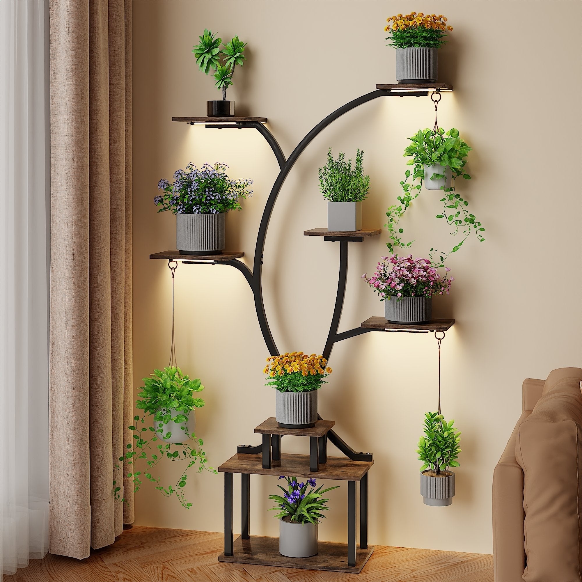 Vecelo Indoor Plant Stand With Grow Lights 4 Styles 6 7 9 Shelves Adjustable Timer Brightness Decorative Rack For Living Room