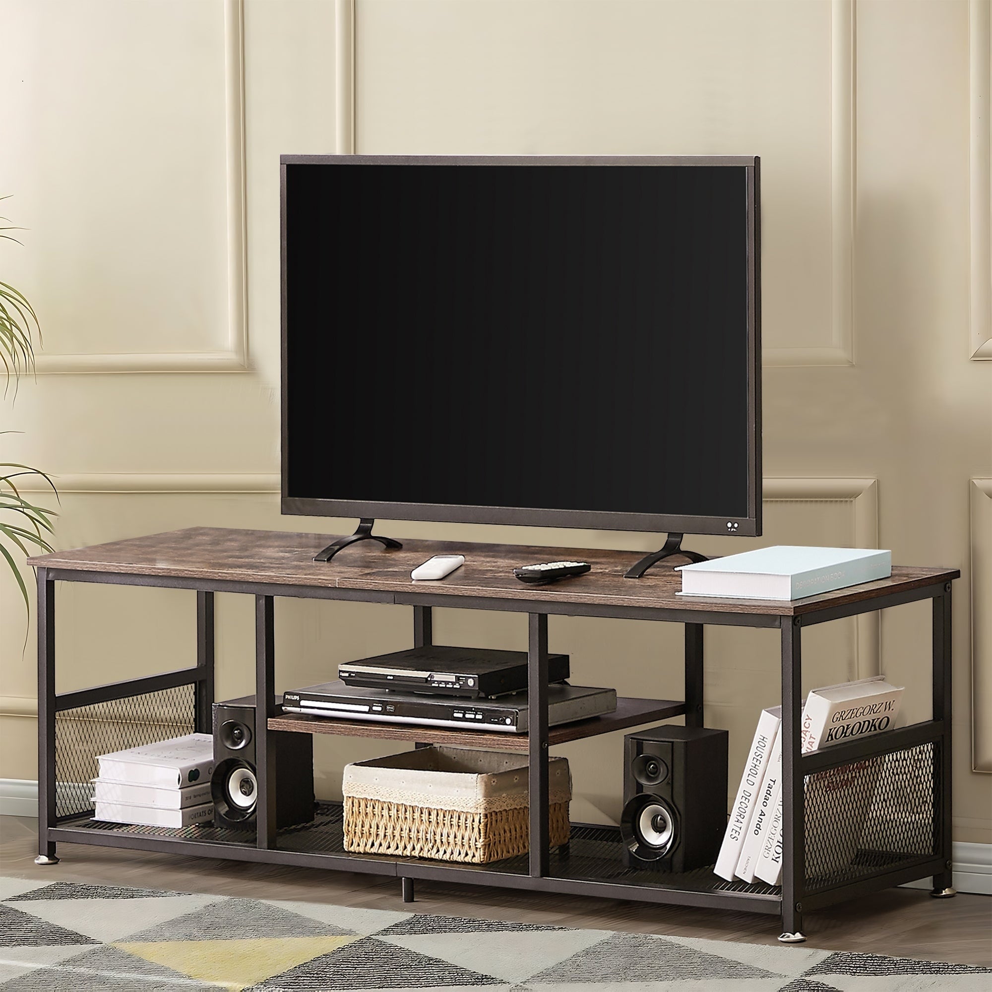 Vecelo Tv Cabinet With Iron Net Brown Tv Cabinet