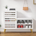 Vecelo L Shaped Entryway Bench With Cushion Shoe Storage Bench With Louvered Door Open Shelves Hallway Seat Organizer