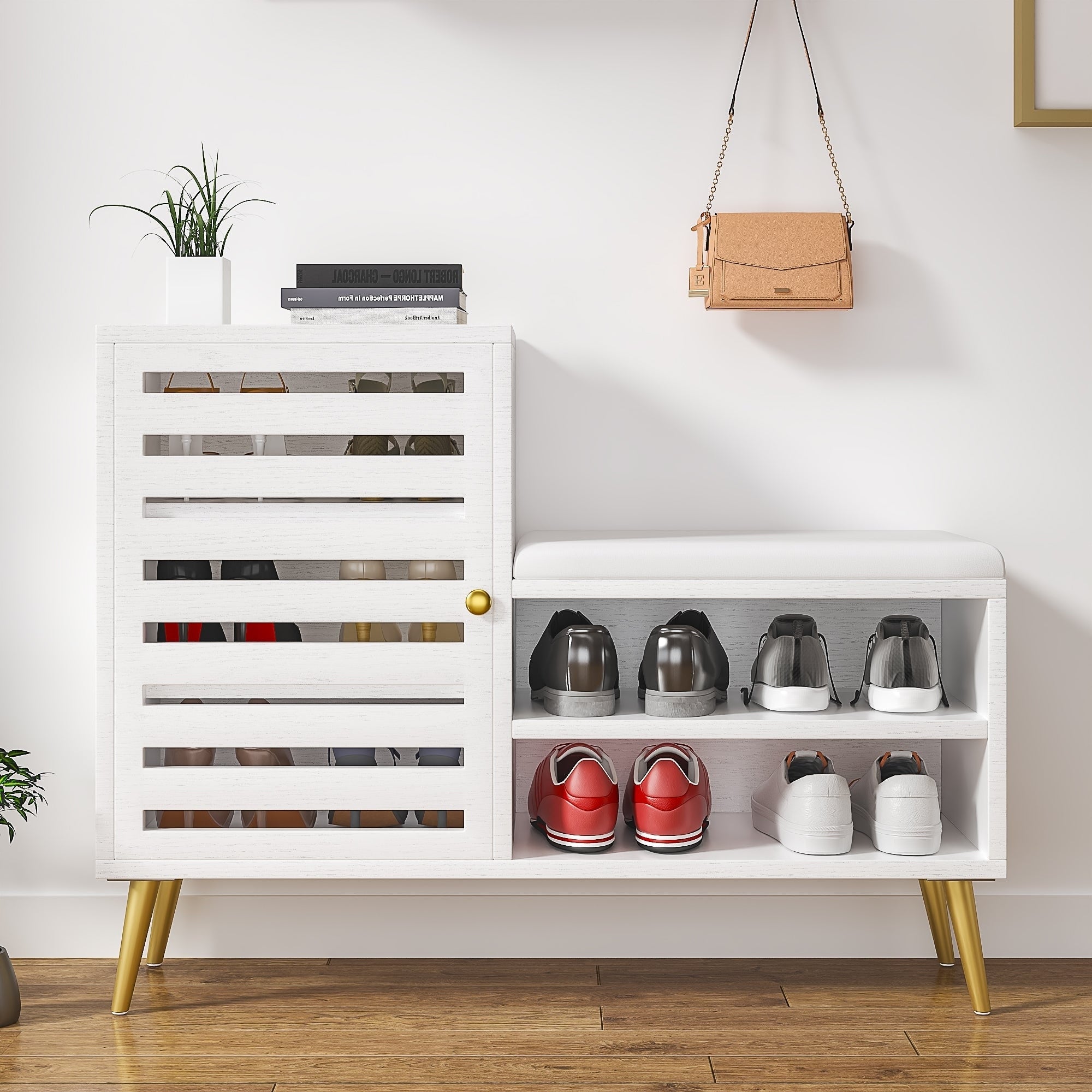 Vecelo L Shaped Entryway Bench With Cushion Shoe Storage Bench With Louvered Door Open Shelves Hallway Seat Organizer