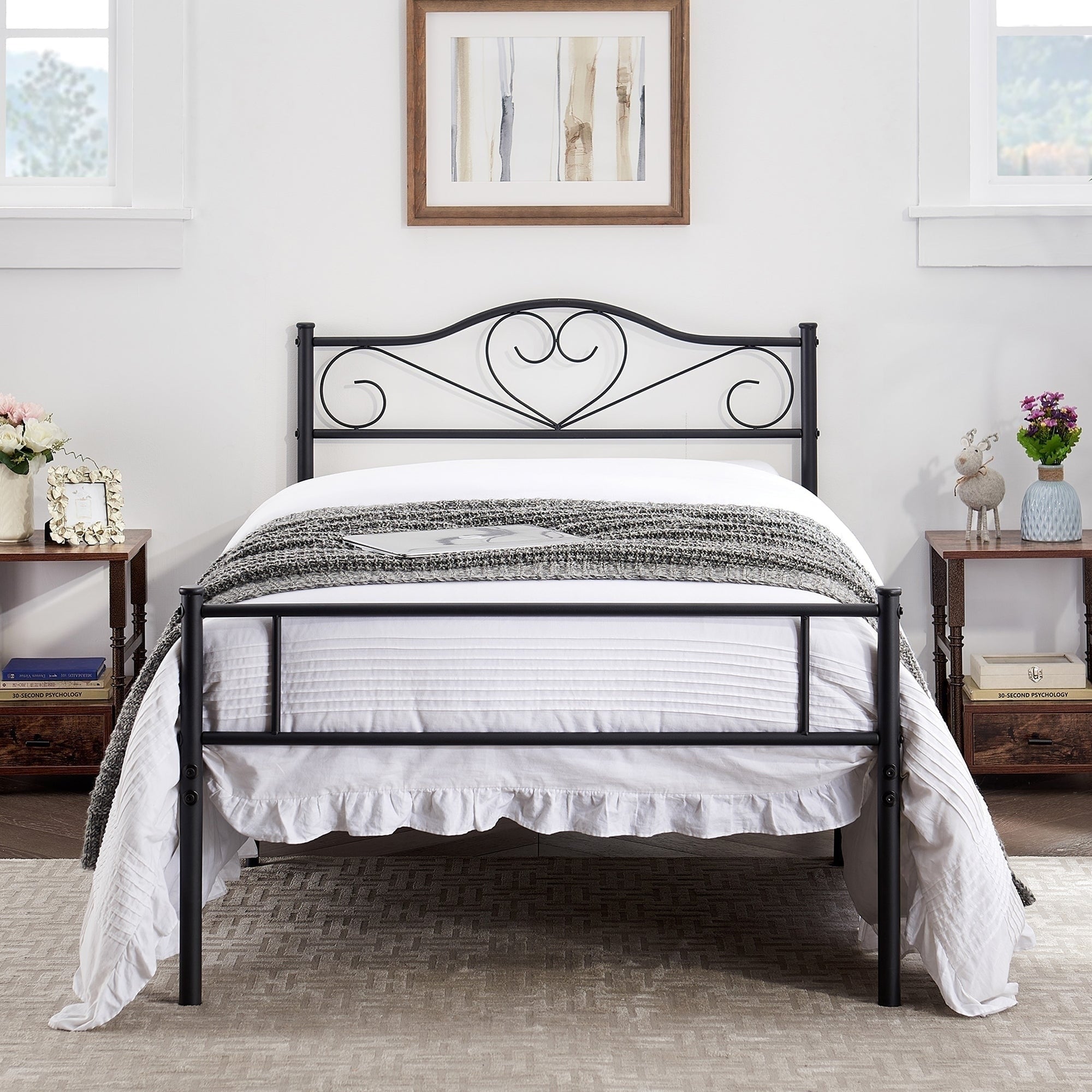 Vecelo Black Metal Twin Full Queen Metal Bed Platform Bed Curved Headboard