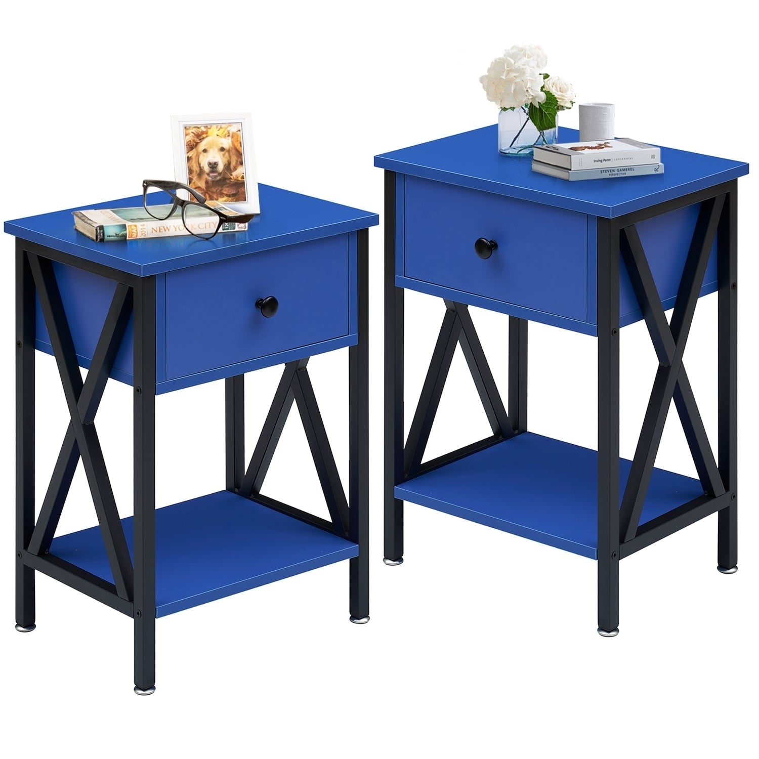 Vecelo Set Of 2 Nightstand 2 Layer 1 Drawer Bedside End Table Brown