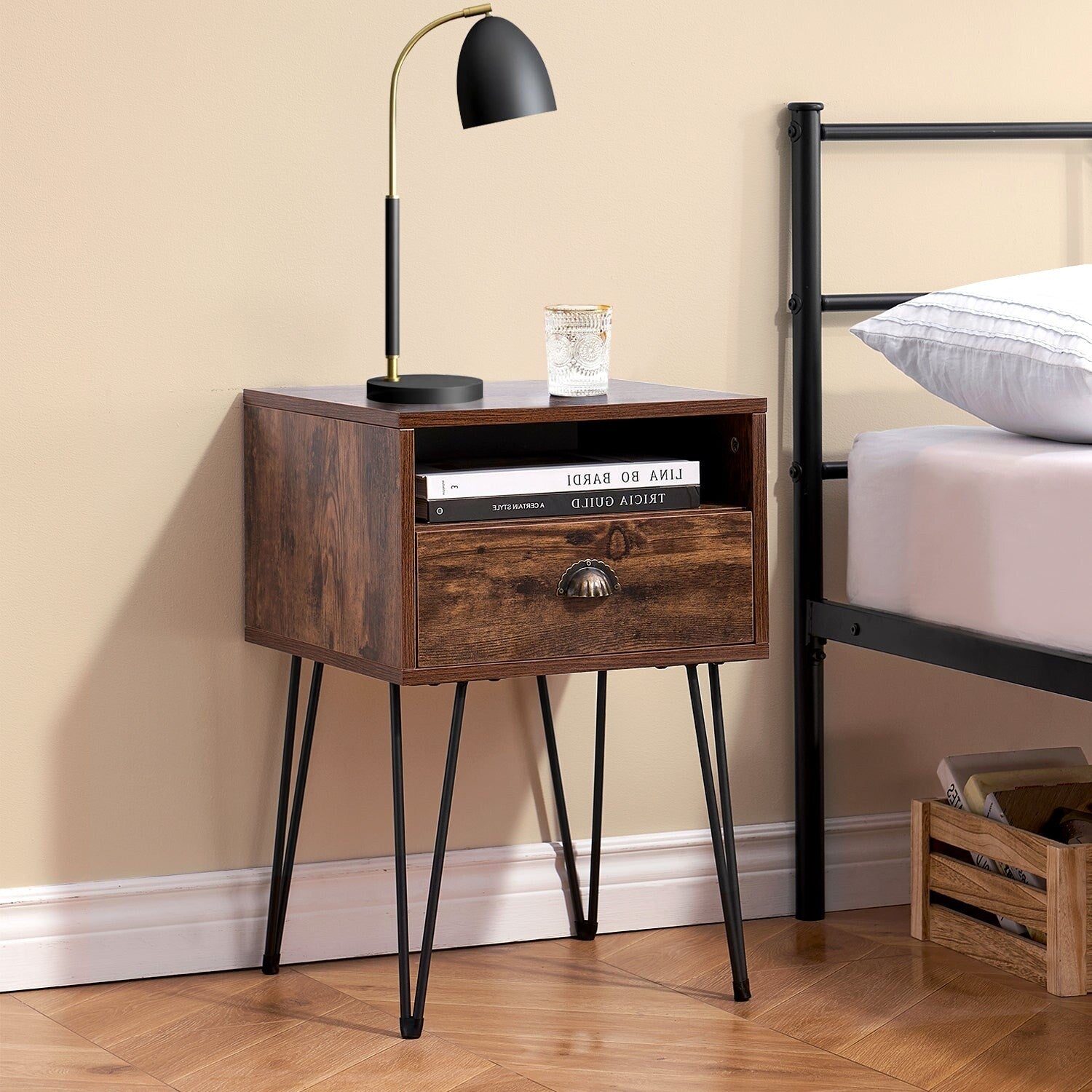 Vecelo Mid Century Modern 1 Drawer Wood Nightstand
