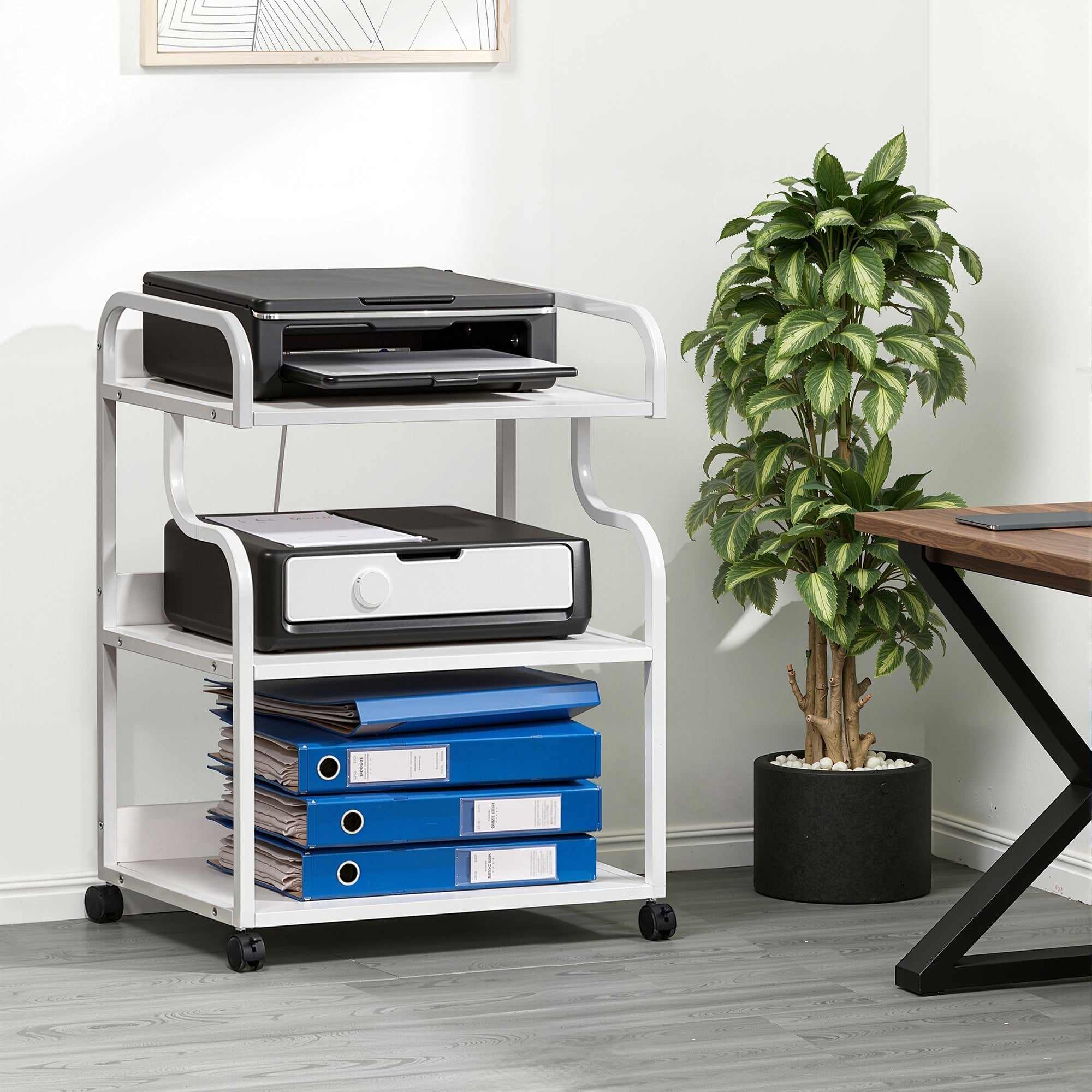 Vecelo Mobile Printer Stand With Outlets Locking Wheels White Rolling Cart Home Office Cart With Usb Charging Station