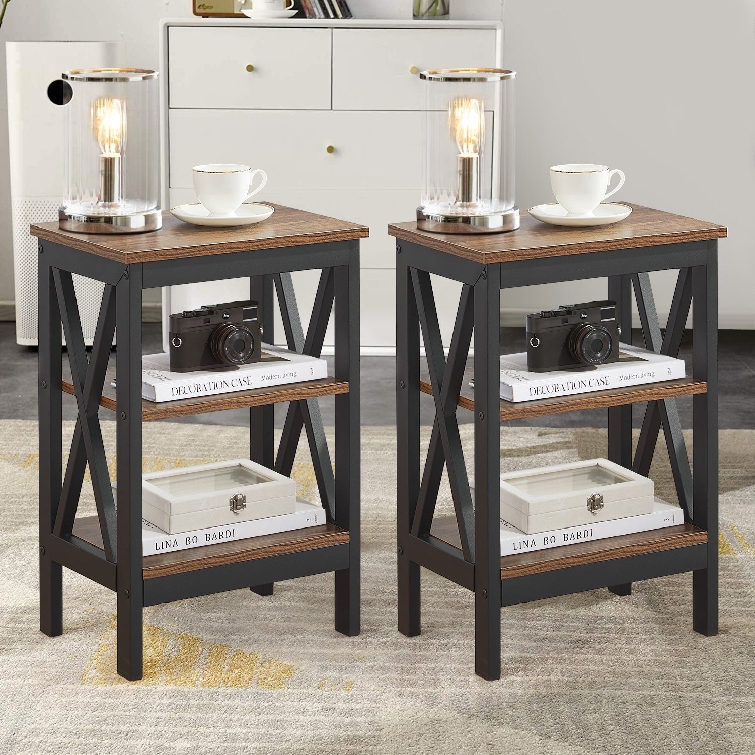 Vecelo 3 Tier End Table Bedside Table Sofa Table Coffee Table X Frame