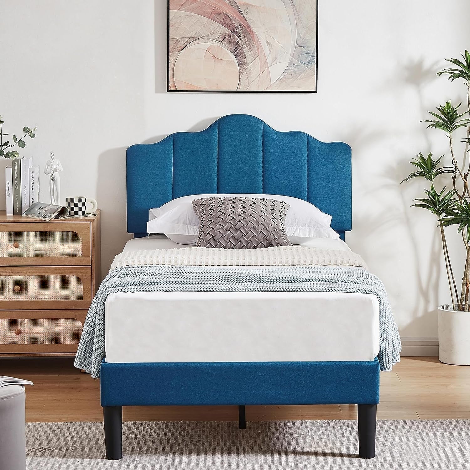 Vecelo Modern Fabric Blue Bedframe With Headboard Queen Full Twin Size