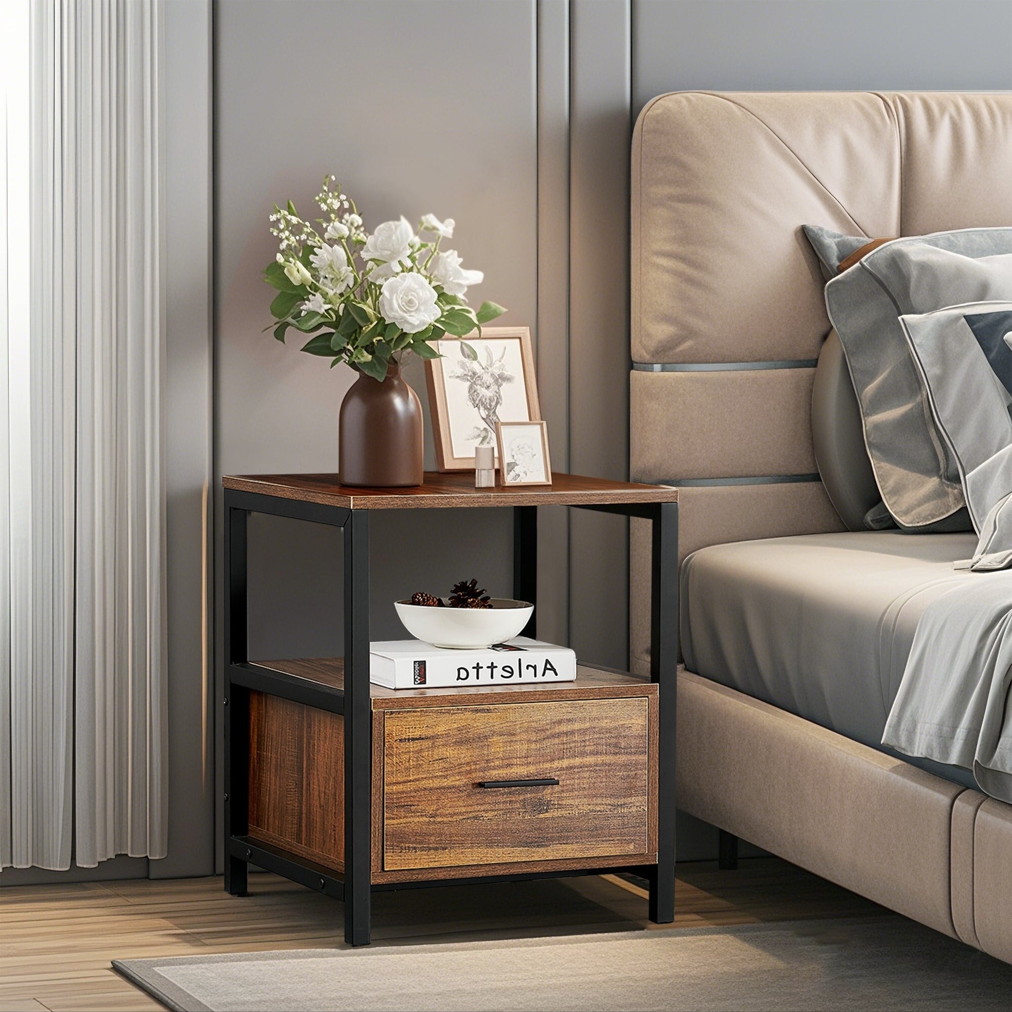 Vecelo Square Side Table Sofa Table End Table Nightstand With Drawers