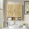 Vecelo Oak Finish Wall Mounted Bathroom Cabinet Double Door Woven Rattan Medicine Cabinet With Adjustable Shelves Open Storage