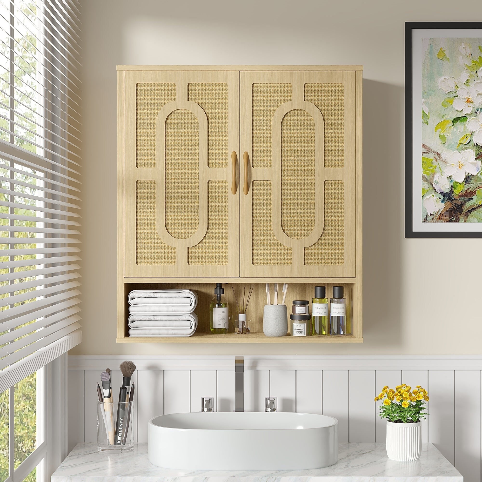 Vecelo Oak Finish Wall Mounted Bathroom Cabinet Double Door Woven Rattan Medicine Cabinet With Adjustable Shelves Open Storage