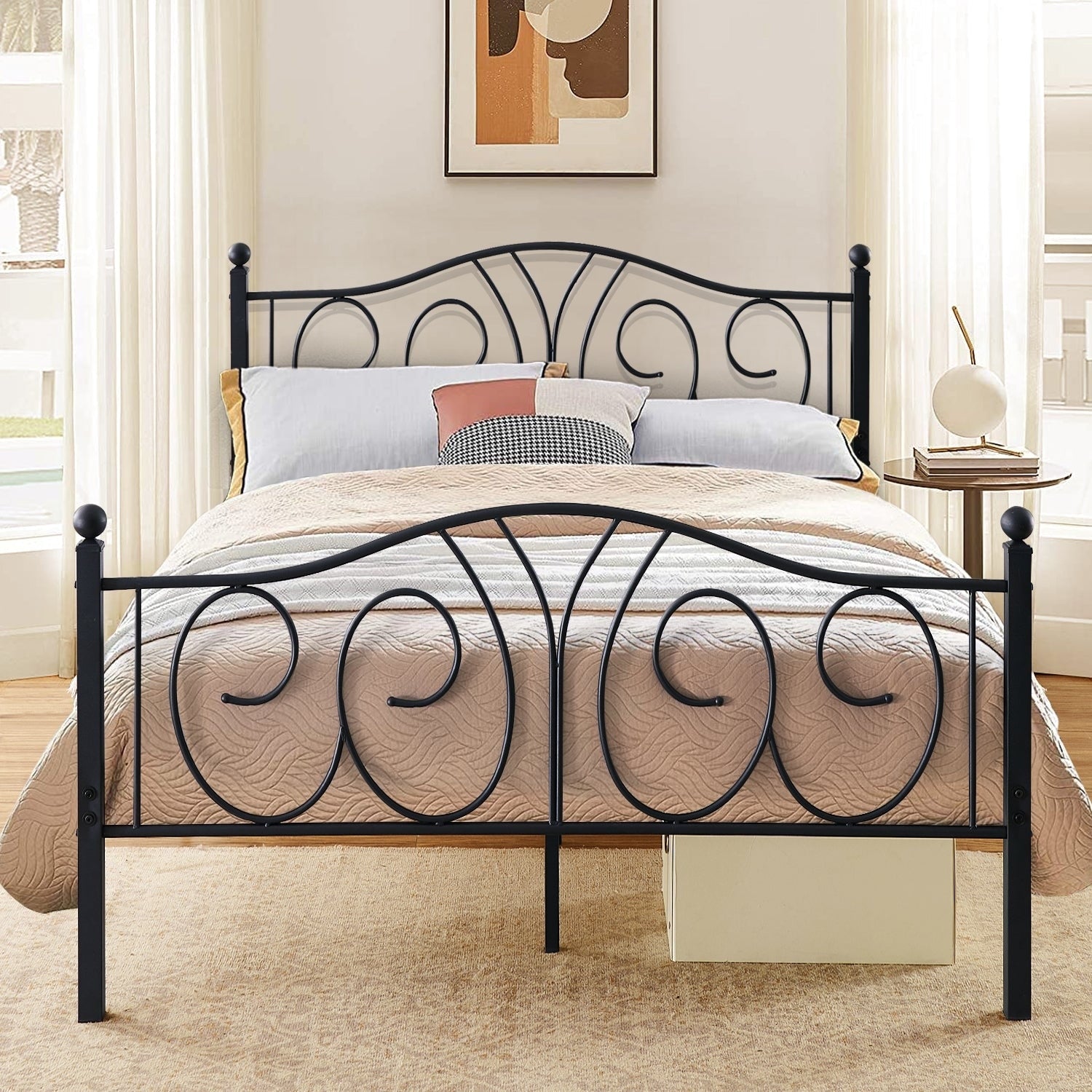 Vintage Graceful Classic Scroll Black Iron Bed By Vecelo