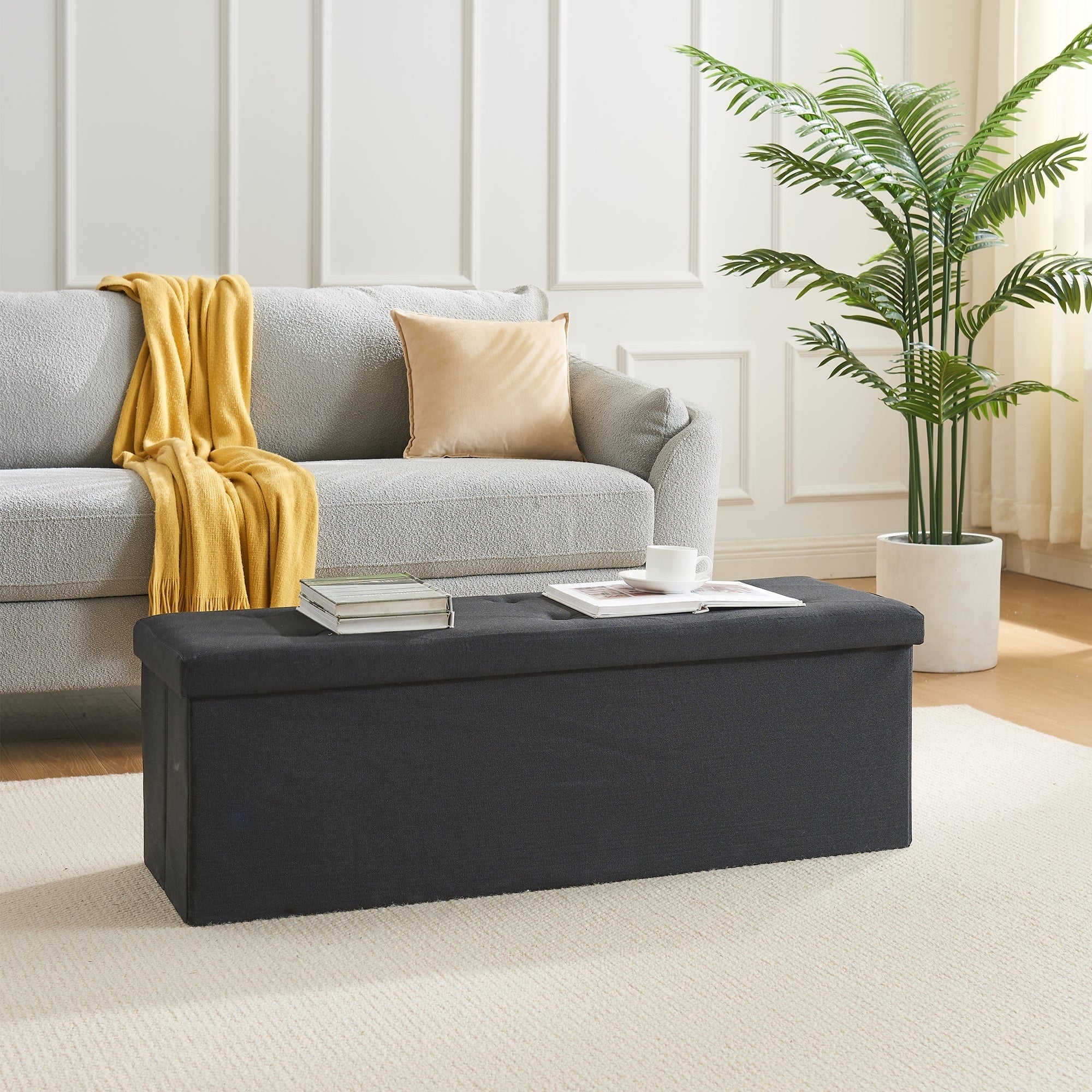 Vecelo Set Of 1 Or 2 Foldable Storage Ottoman Bench 43 Fabric Ottoman With Lid Multi Functional Folding Ottoman For Living Room